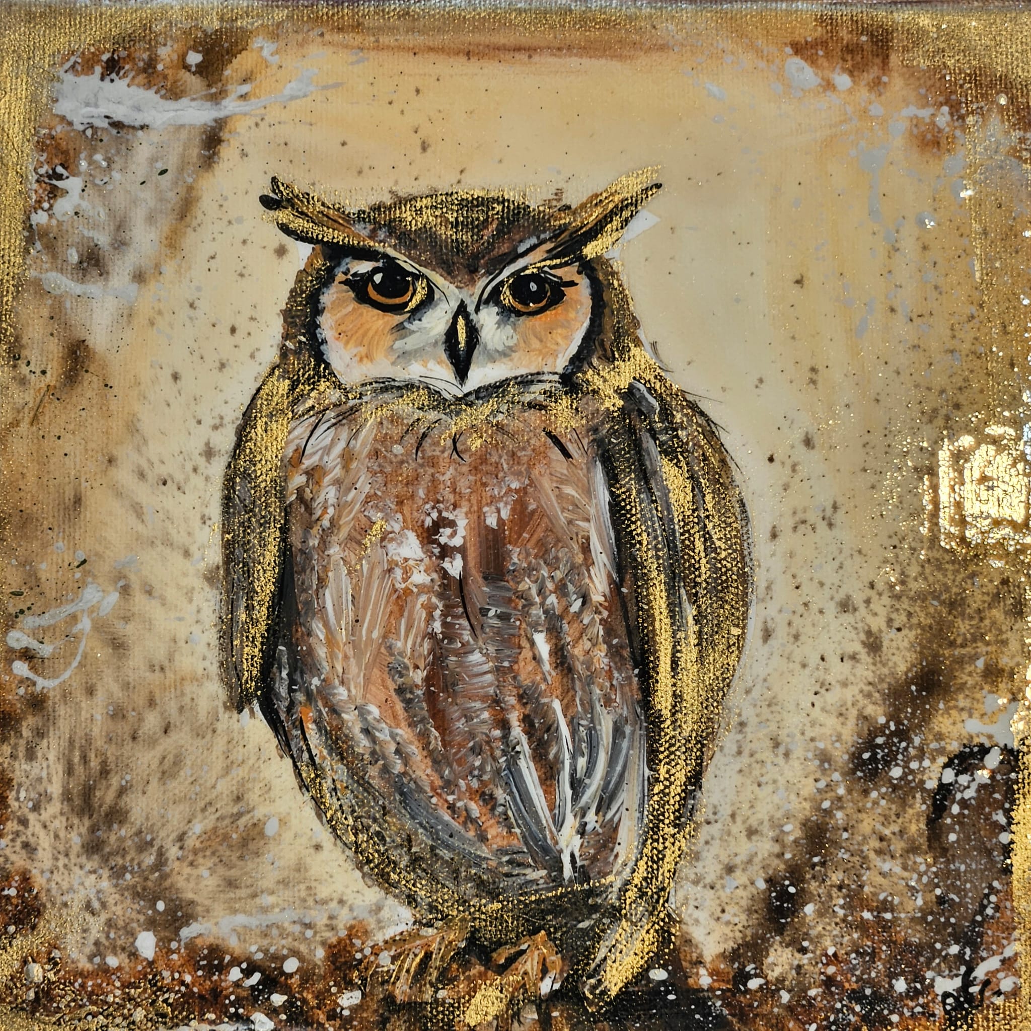 Chouette - Acrylique sur toile 20×20cm vernis UV