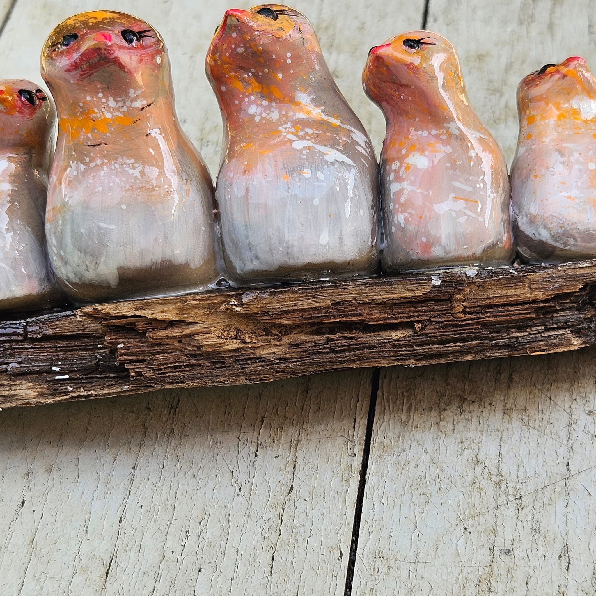 6 petits oiseaux sur un morceau de bois - Une Brochettes d'oiseaux bavards de tous âges,  sur un bois usé préalablement rendu durable...