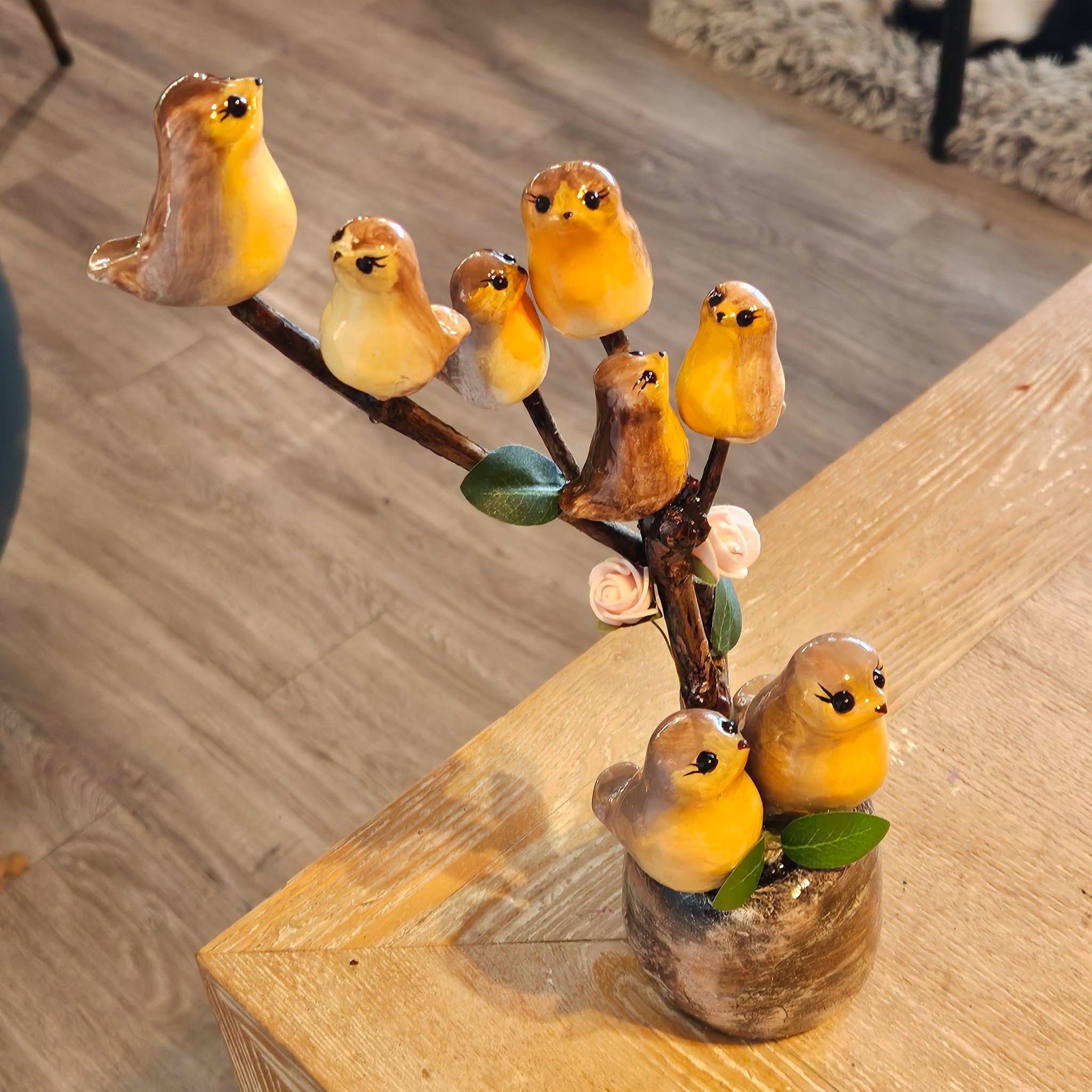 Arbre à Rouge-Gorges - 30 cm - 800 grammes - Prouesse technique d'équilibre et de sobriété - 8 oiseaux