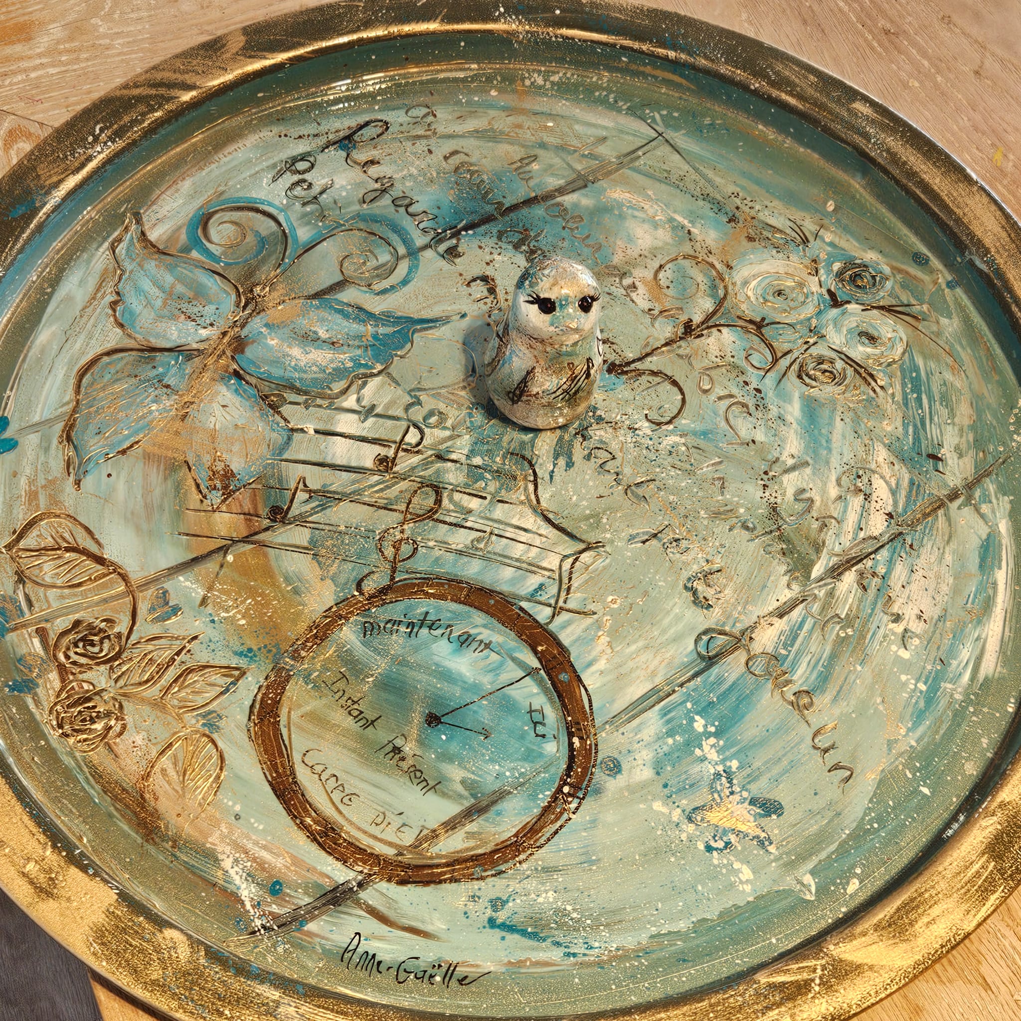 Plateau métallique 46cm×2cm, issue d'une table. À poser sur la table ou d'autres supports. Extérieur ok. Vernis UV, cire d'or, sculpture.