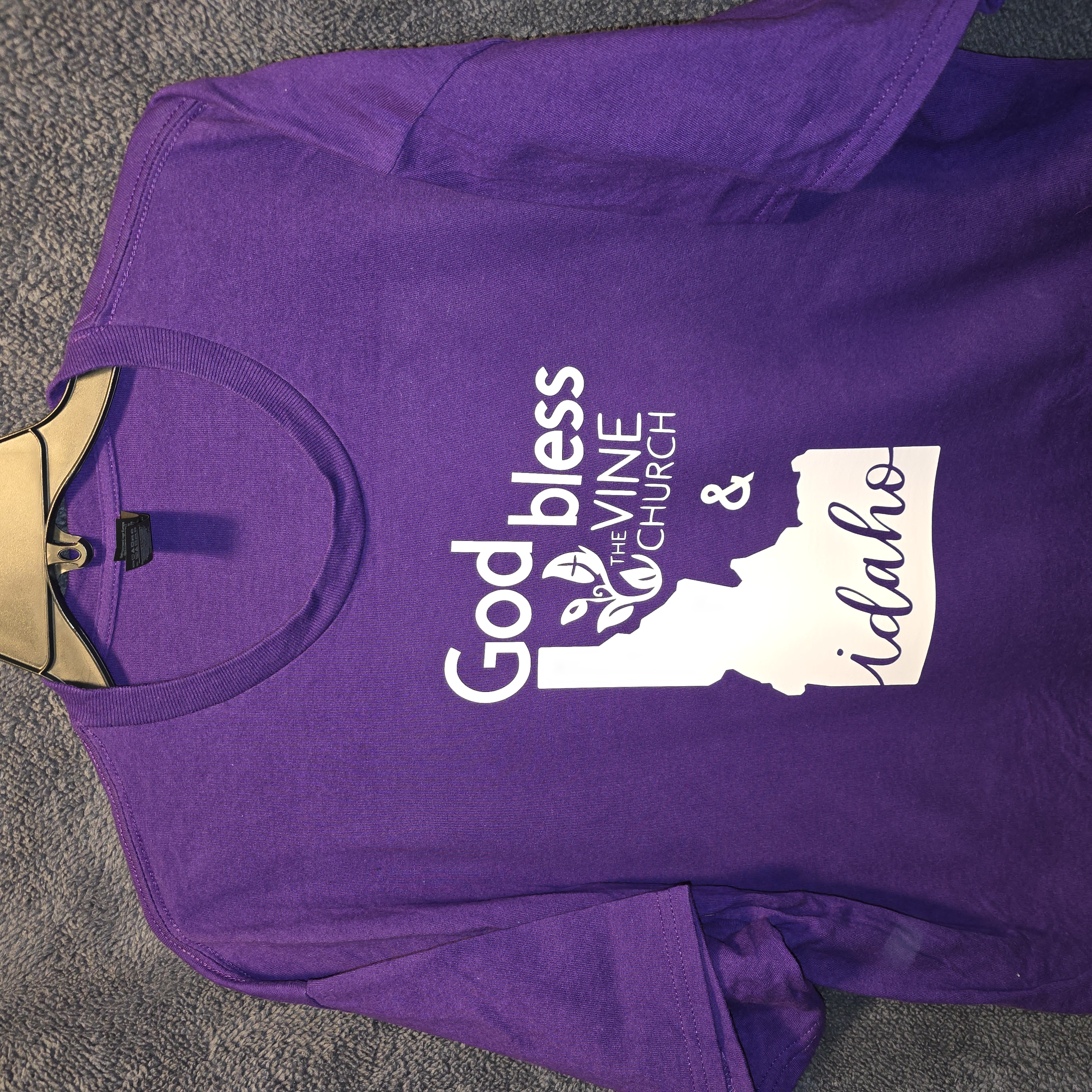 Purple "God Bless the Vine Church & Idaho" T-Shirt