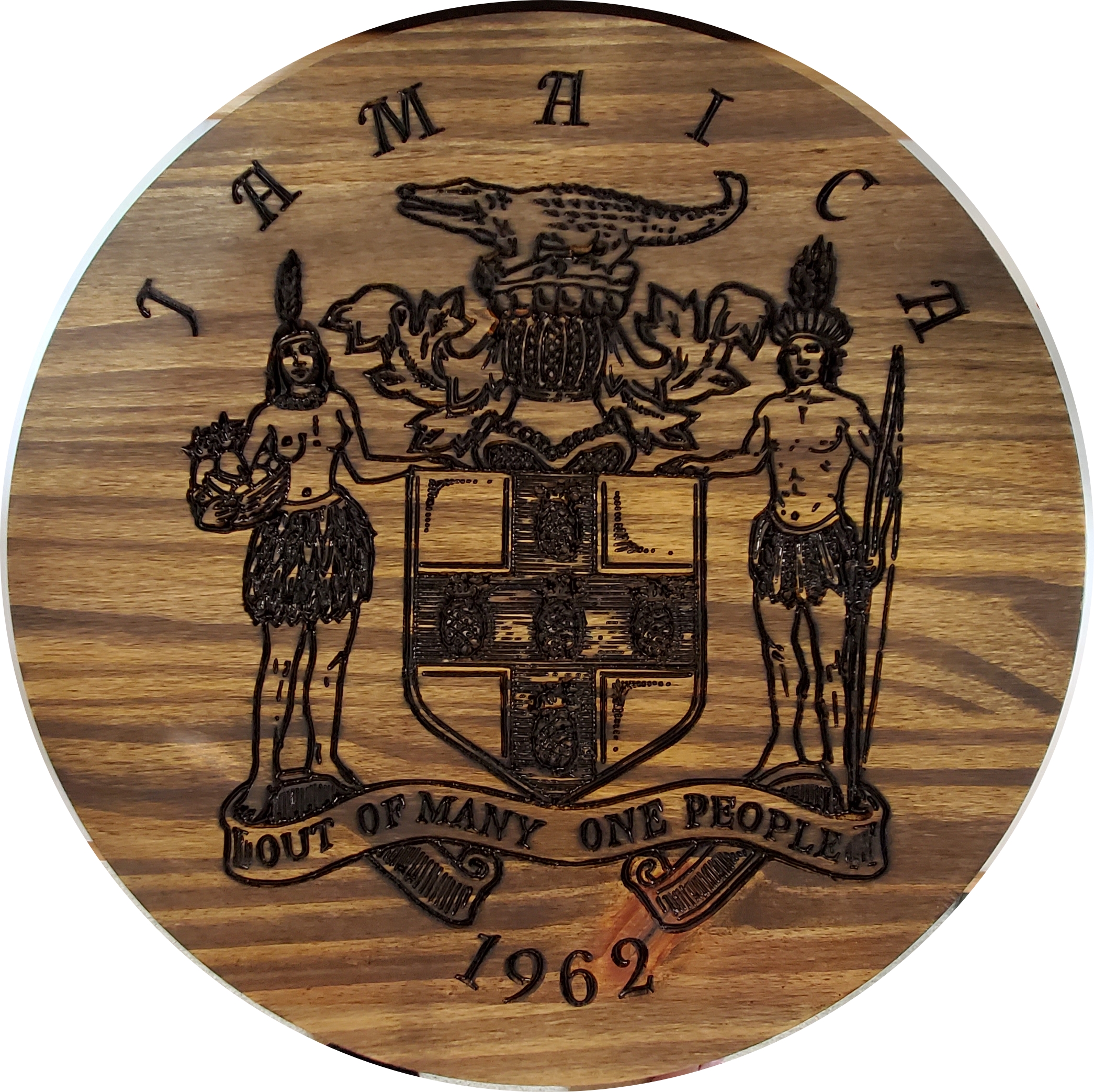 Exquisite Hand-Carved Jamaican Coat of Arms: Wood Artistry
