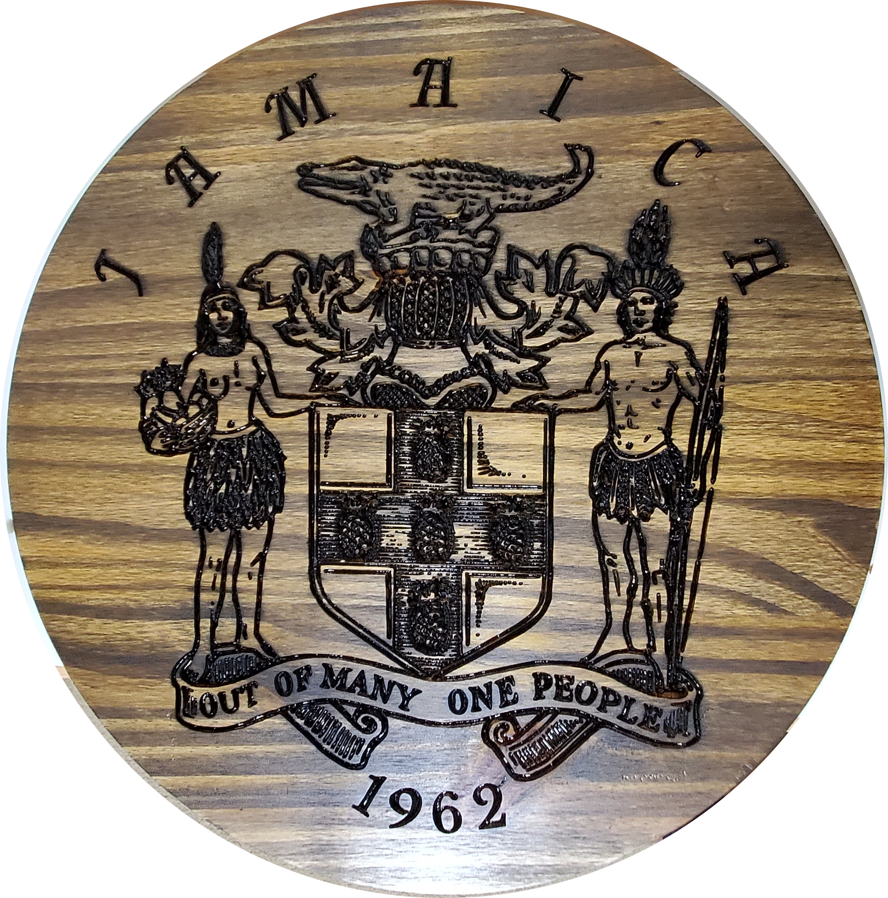 Exquisite Hand-Carved Jamaican Coat of Arms: Wood Artistry