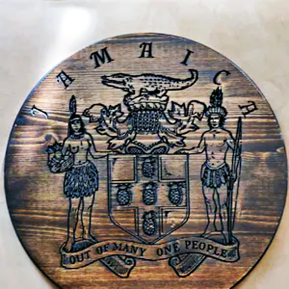 Exquisite Hand-Carved Jamaican Coat of Arms: Wood Artistry