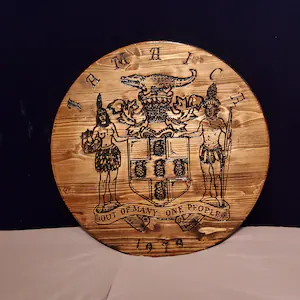 Exquisite Hand-Carved Jamaican Coat of Arms: Wood Artistry