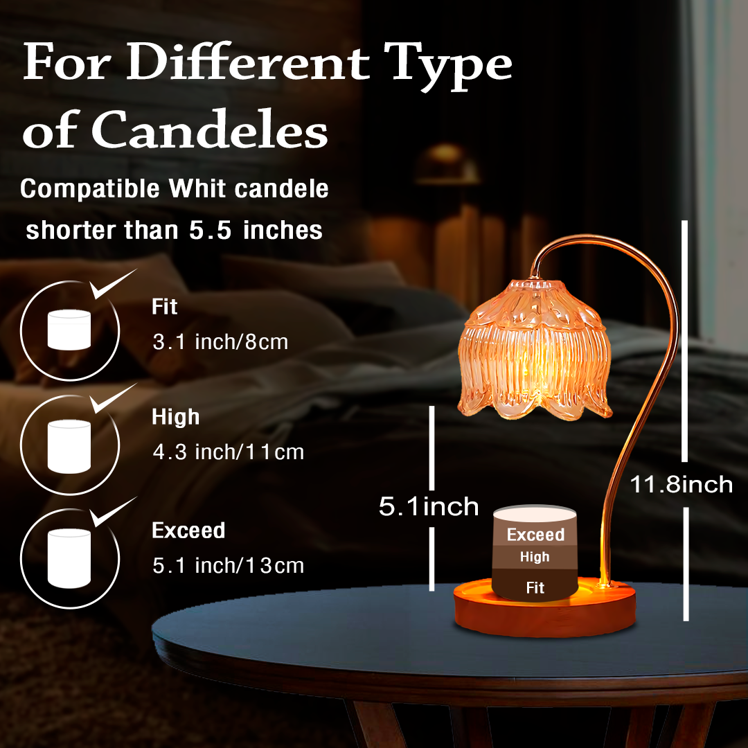 Candle Warmer lamp, Electric Wax Melter with Timer, 2 Bulbs, Small & Large Jars Candles, Wooden Base, Vintage Decor, Christmas & Housewarming Gift, Dimmable Candle Warmer (Flower)