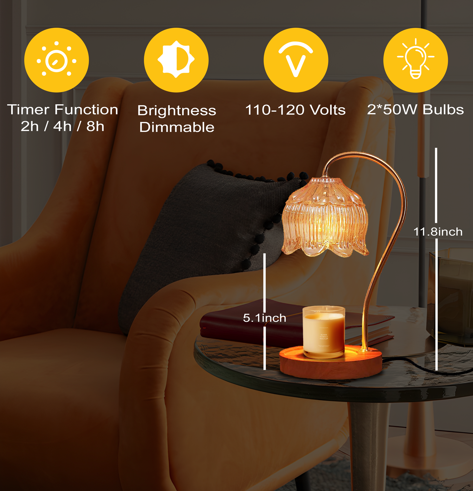 Candle Warmer lamp, Electric Wax Melter with Timer, 2 Bulbs, Small & Large Jars Candles, Wooden Base, Vintage Decor, Christmas & Housewarming Gift, Dimmable Candle Warmer (Flower)