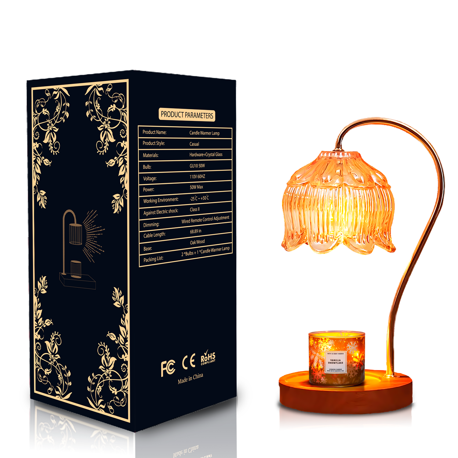 Candle Warmer lamp, Electric Wax Melter with Timer, 2 Bulbs, Small & Large Jars Candles, Wooden Base, Vintage Decor, Christmas & Housewarming Gift, Dimmable Candle Warmer (Flower)