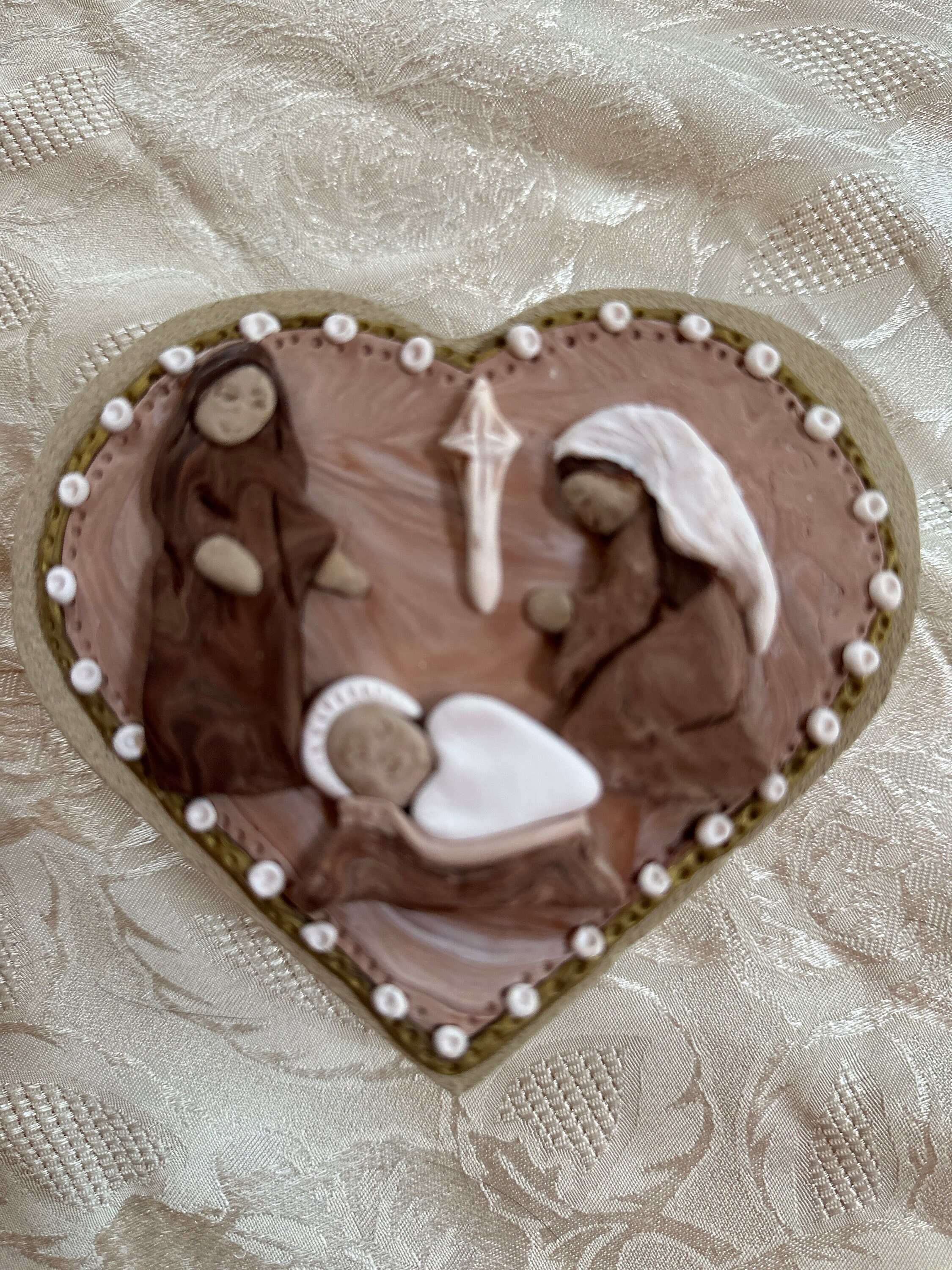 Christmas Nativity with Jesus, original artwork, gift for friend, heart shaped box, decorative jewelry box, Christian Gift