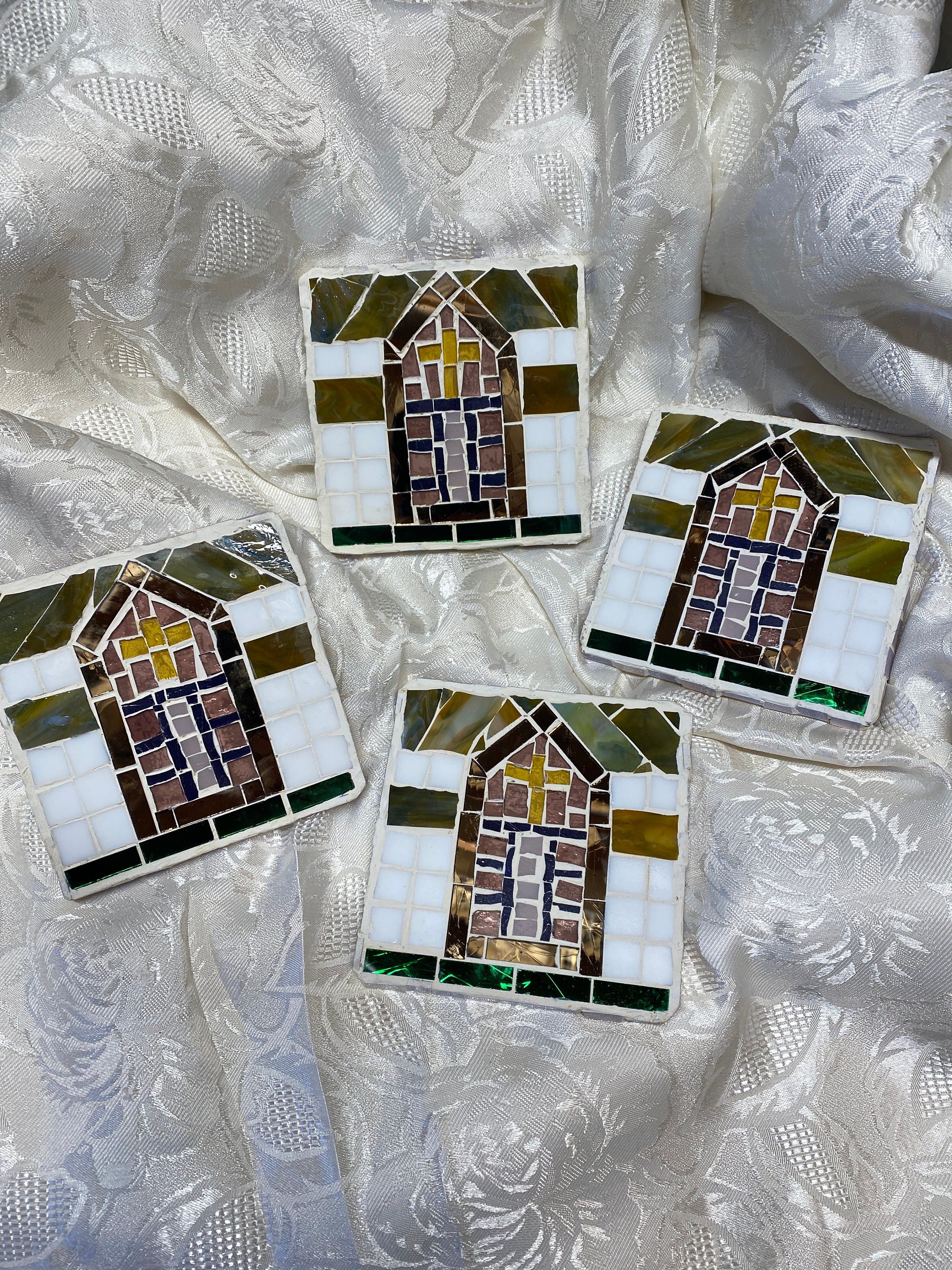 Kitchen coasters, living room coaters, CHURCH WINDOW Original Mosaic Coasters, gold mirror, lavender stained glass,  Christian Gift