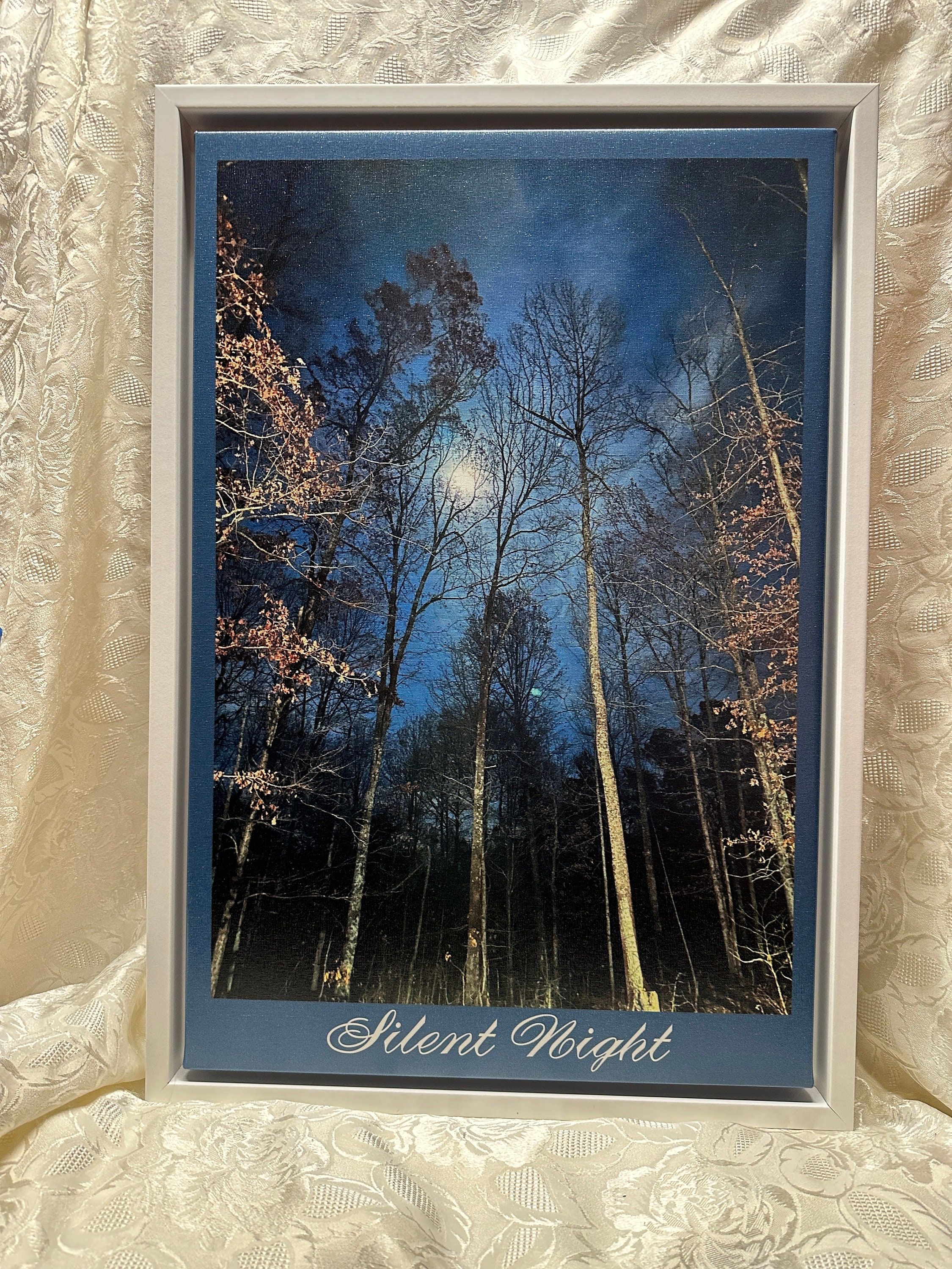 Pretty Christmas wall decor, SILENT NIGHT large stretched canvas, original photo, 16" wide x 24" tall, 3/4" deep white floating frame