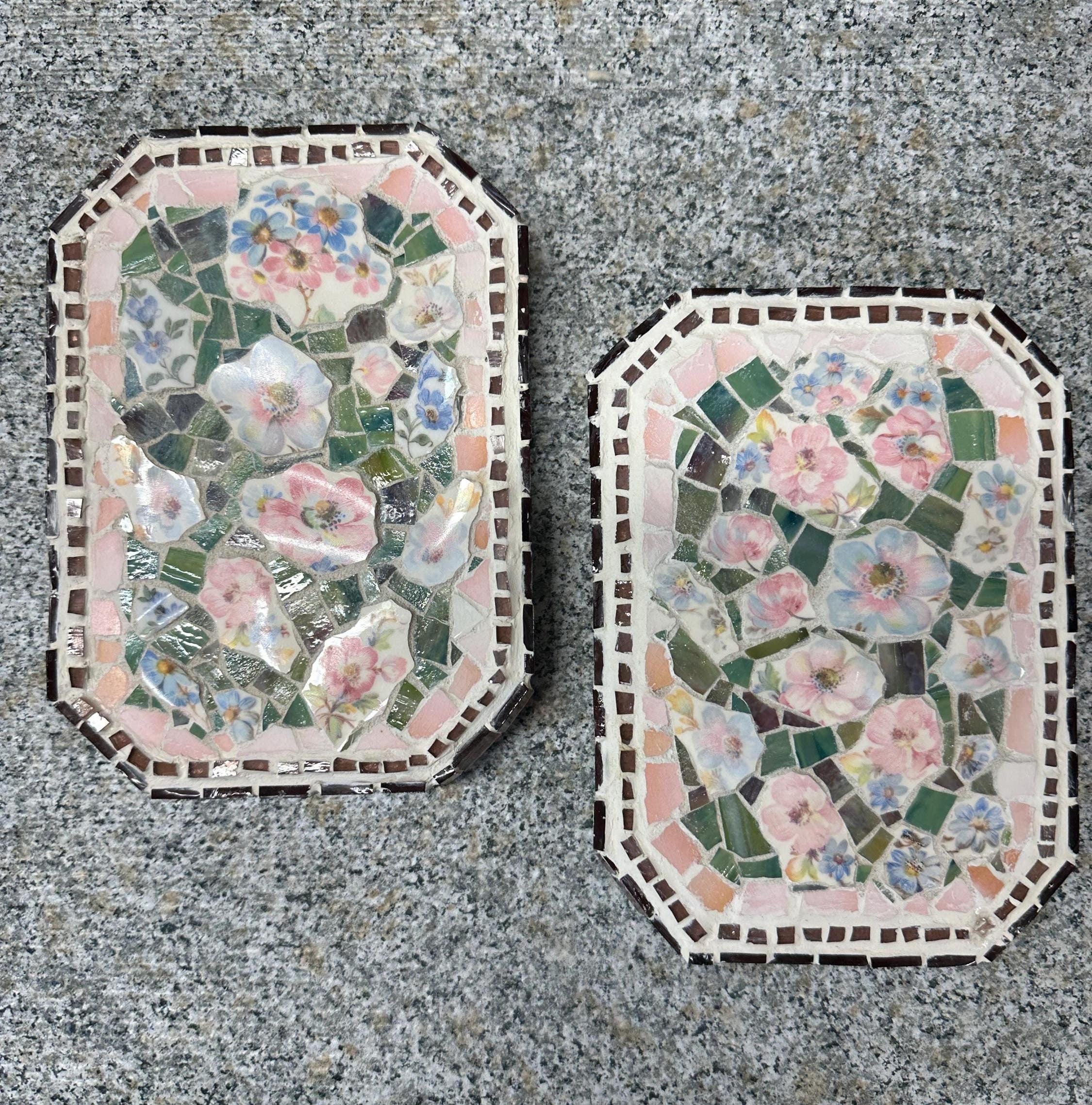 Pink Floral Pair is Original Mosaic Wall Art, home decor, original art by artist, mixed media, wall decor, flowers