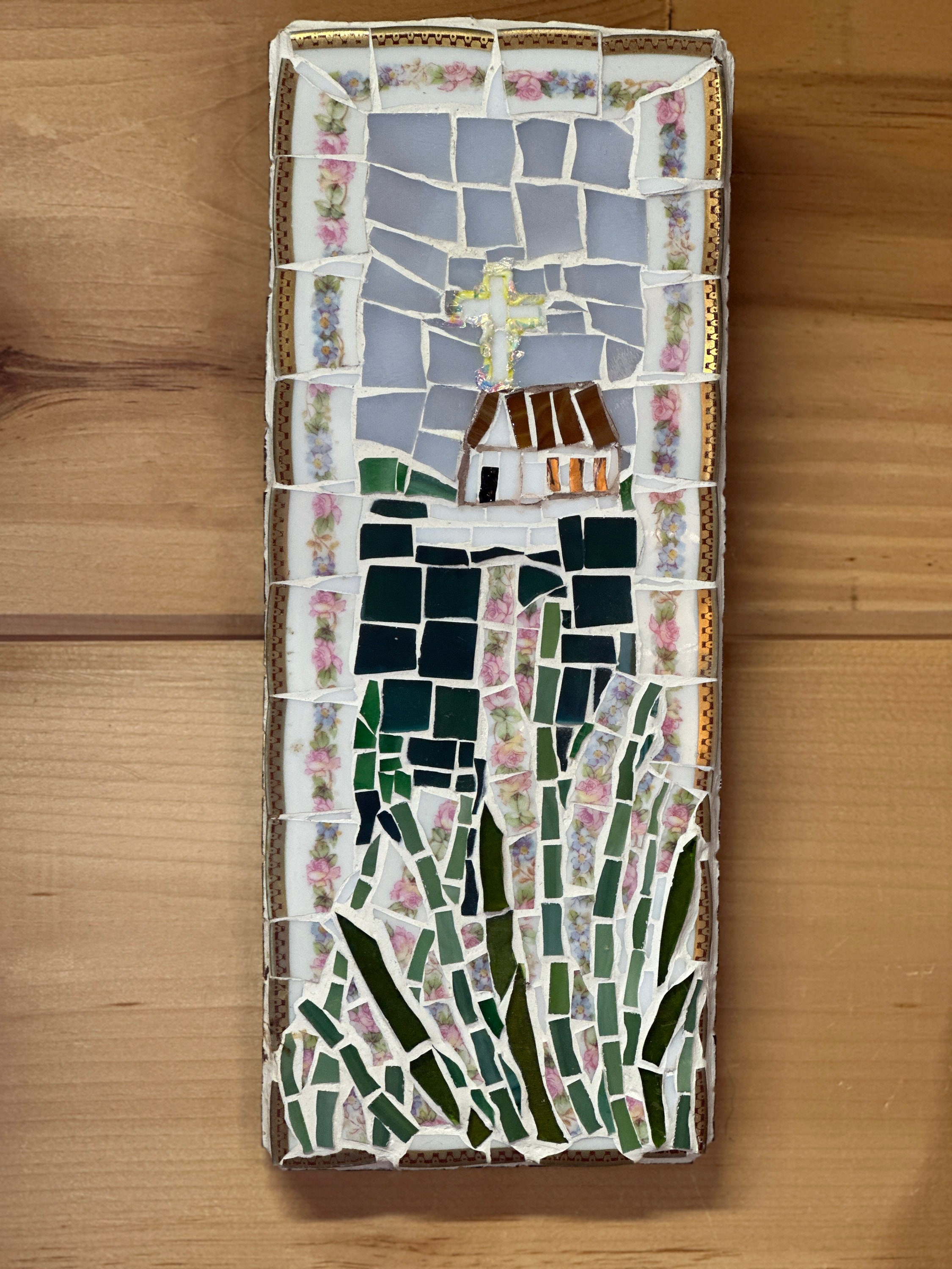Church in the Meadow is Original Mosaic Wall Art, home decor, original art by artist, artist original mosaic, wall decor, gift for friend