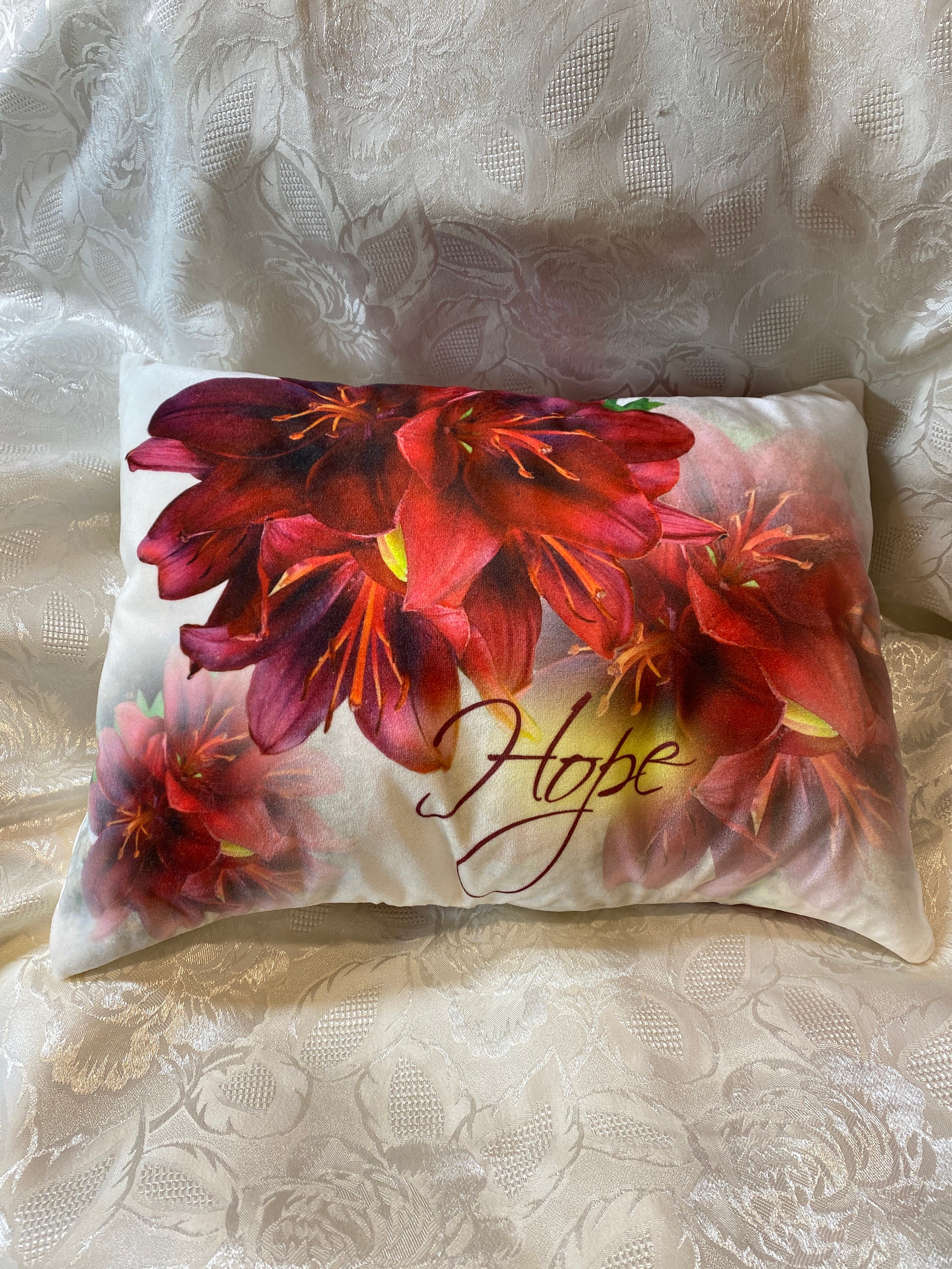 Christian HOPE PILLOW artist original design fabric, Asiatic Lilies 17" wide x 12-1/2" Velvet, pretty home decor, Christian Gift