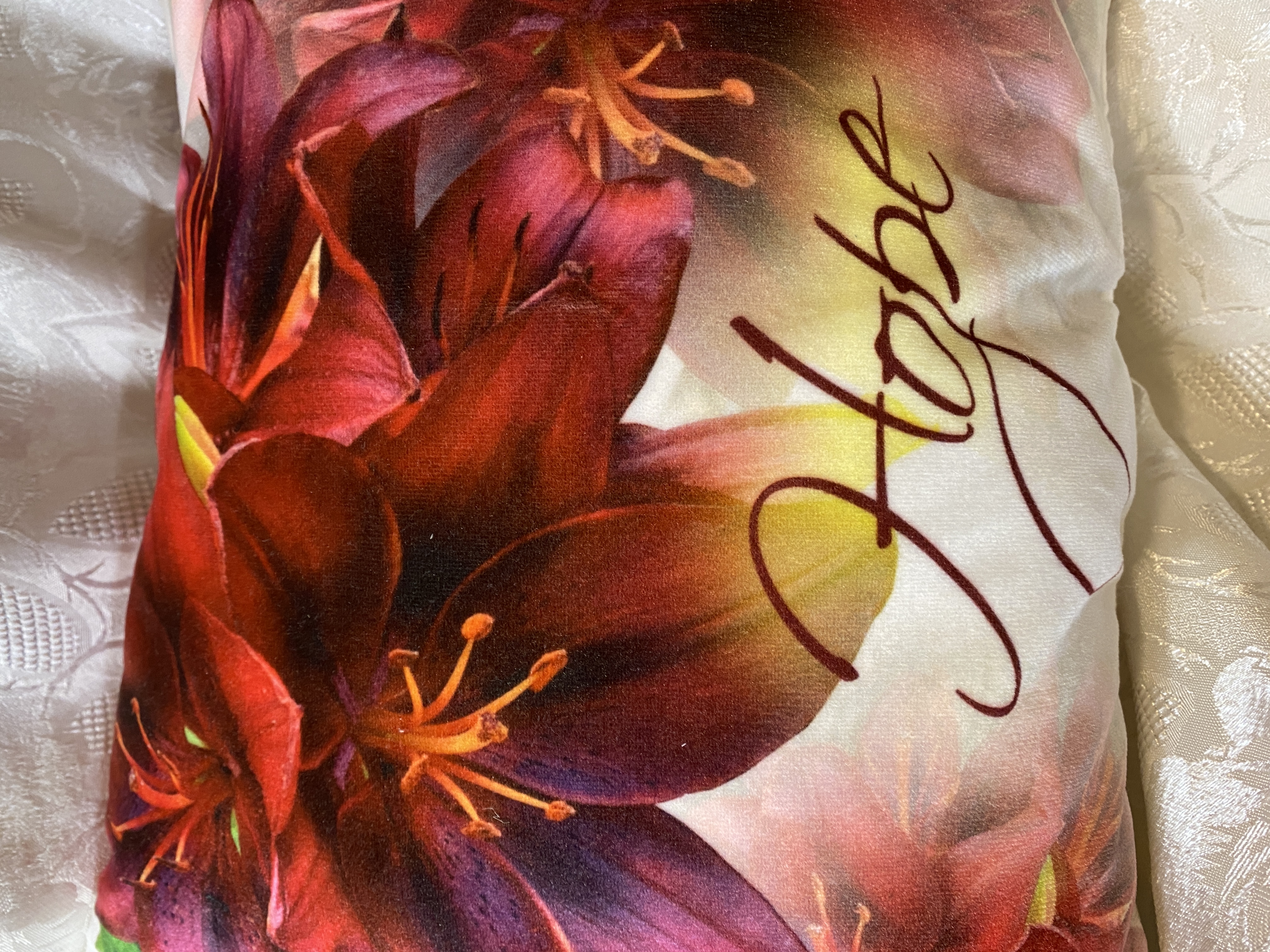 Christian HOPE PILLOW artist original design fabric, Asiatic Lilies 17" wide x 12-1/2" Velvet, pretty home decor, Christian Gift