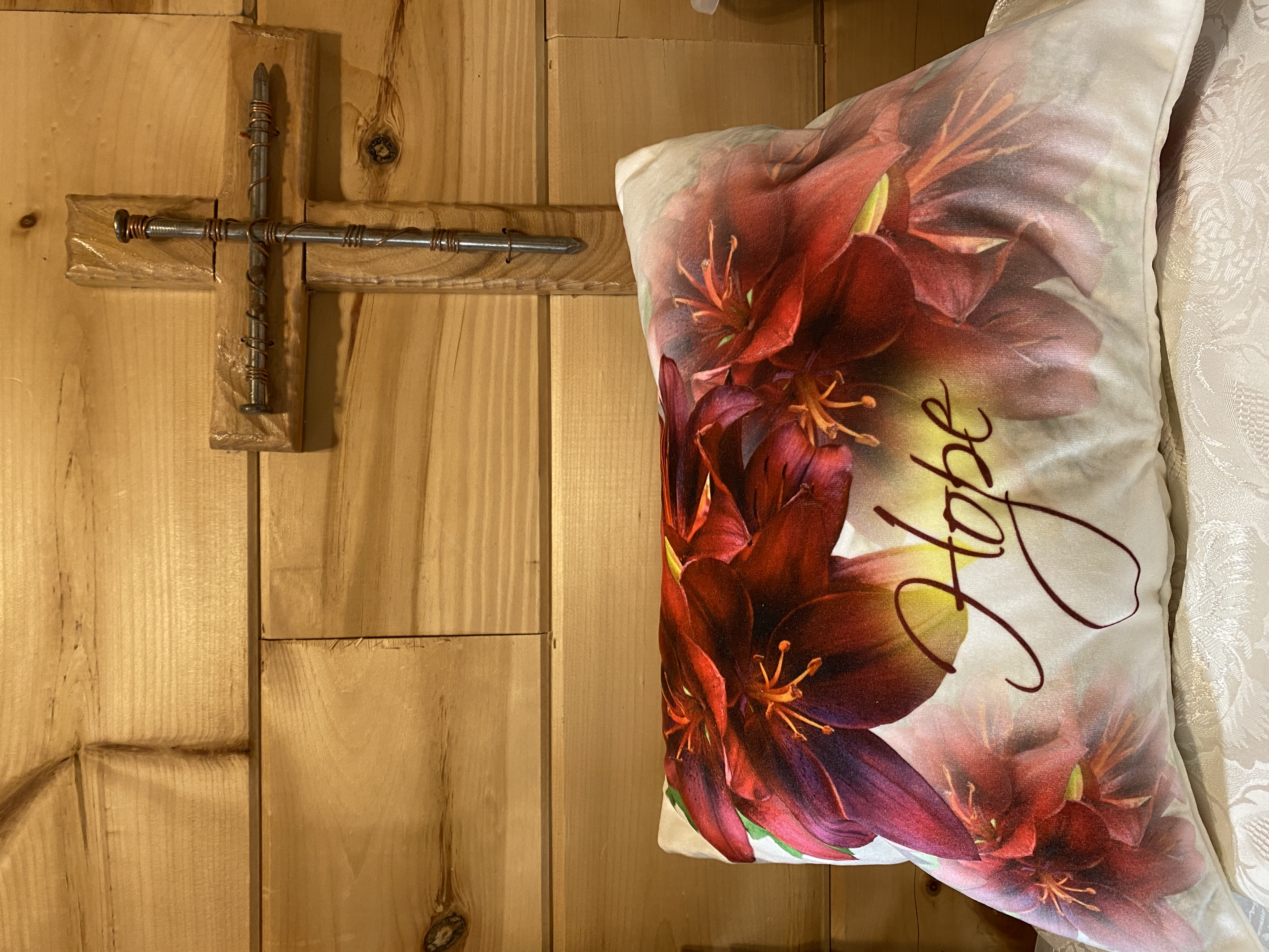 Christian HOPE PILLOW artist original design fabric, Asiatic Lilies 17" wide x 12-1/2" Velvet, pretty home decor, Christian Gift