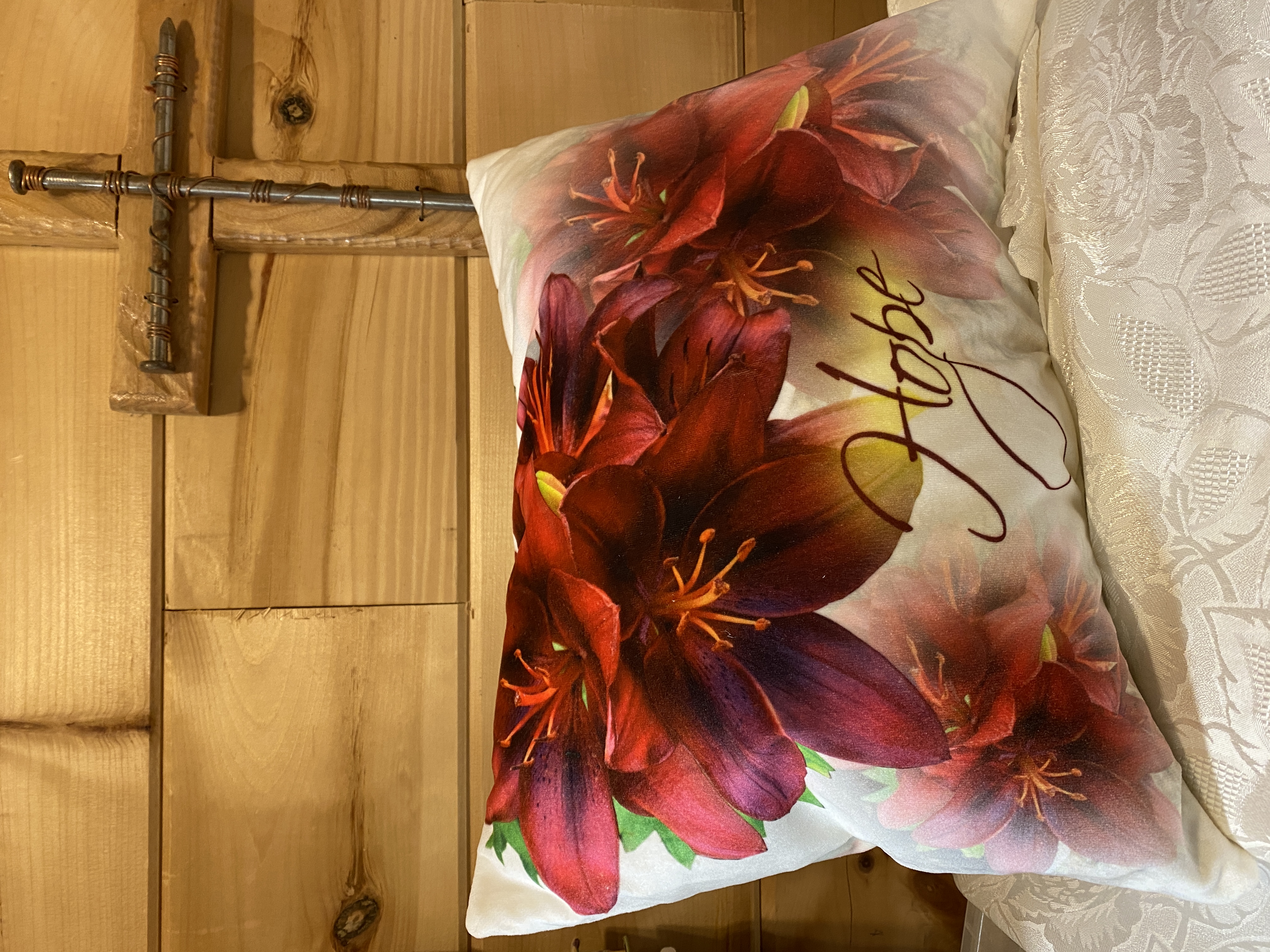 Christian HOPE PILLOW artist original design fabric, Asiatic Lilies 17" wide x 12-1/2" Velvet, pretty home decor, Christian Gift