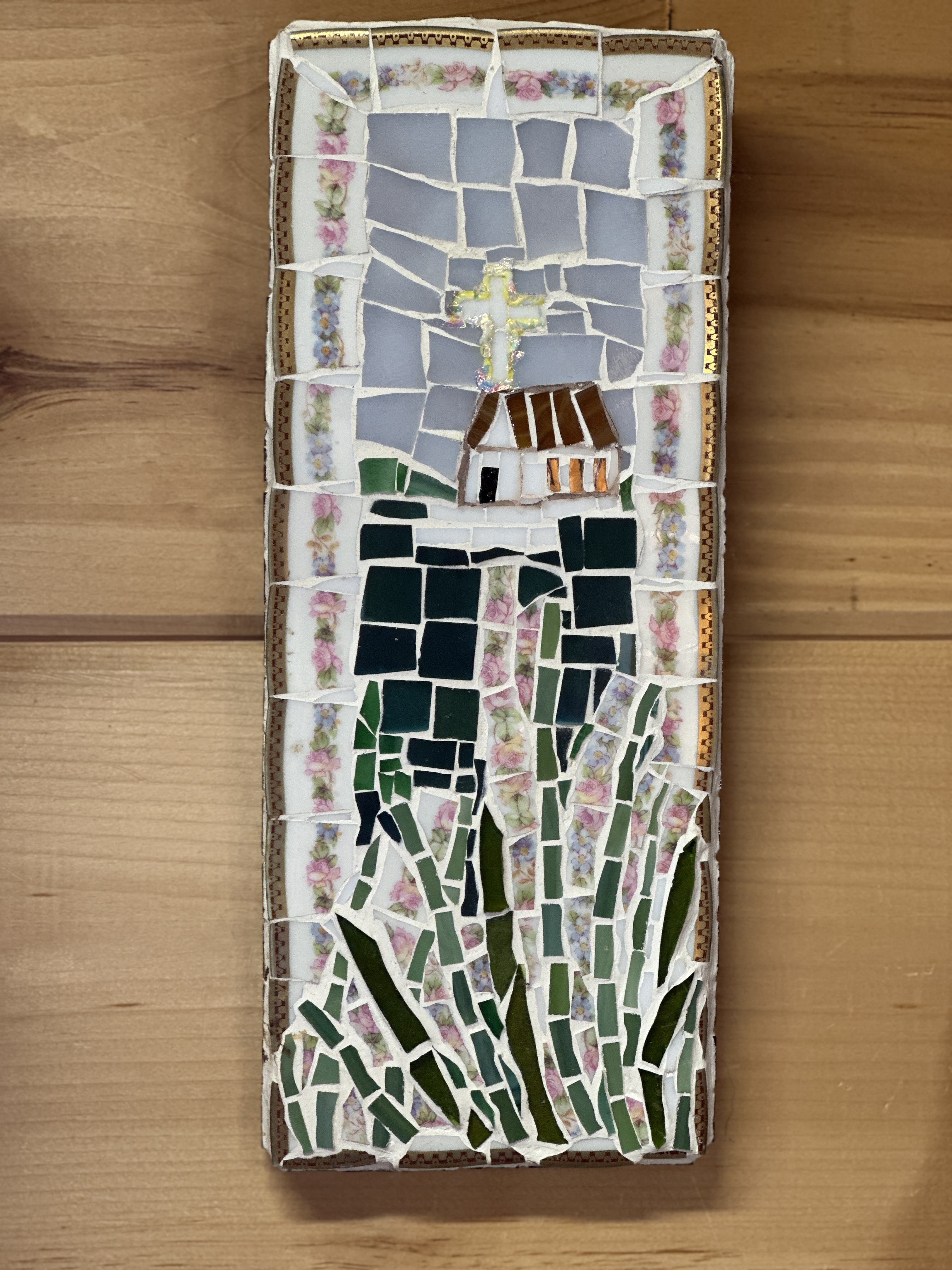 Church in the Meadow is Original Mosaic Wall Art, home decor, original art by artist, artist original mosaic, wall decor, gift for friend