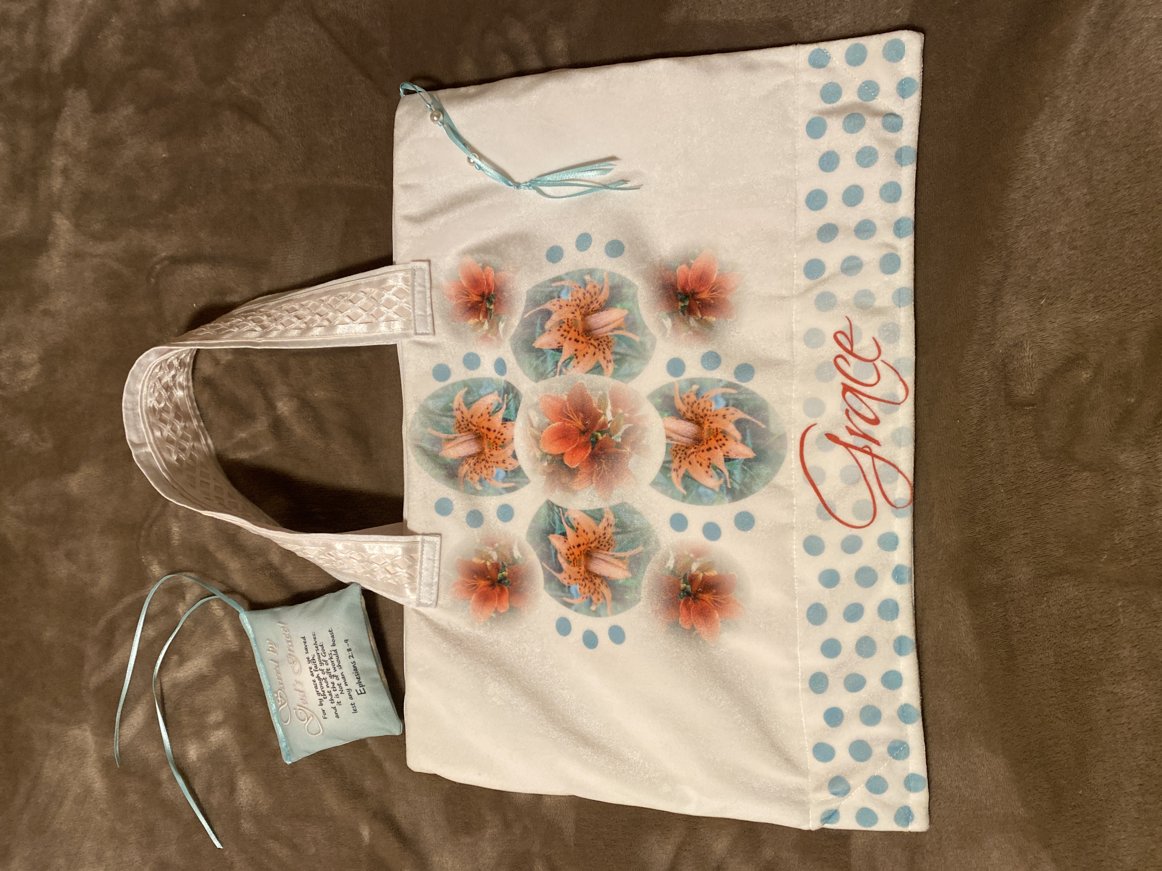 God's Grace Bible Study tote bag, book bag, garden lilies, Christian Bible bag, Velvet, FREE Sachet, OOAK gift for you or a loved one
