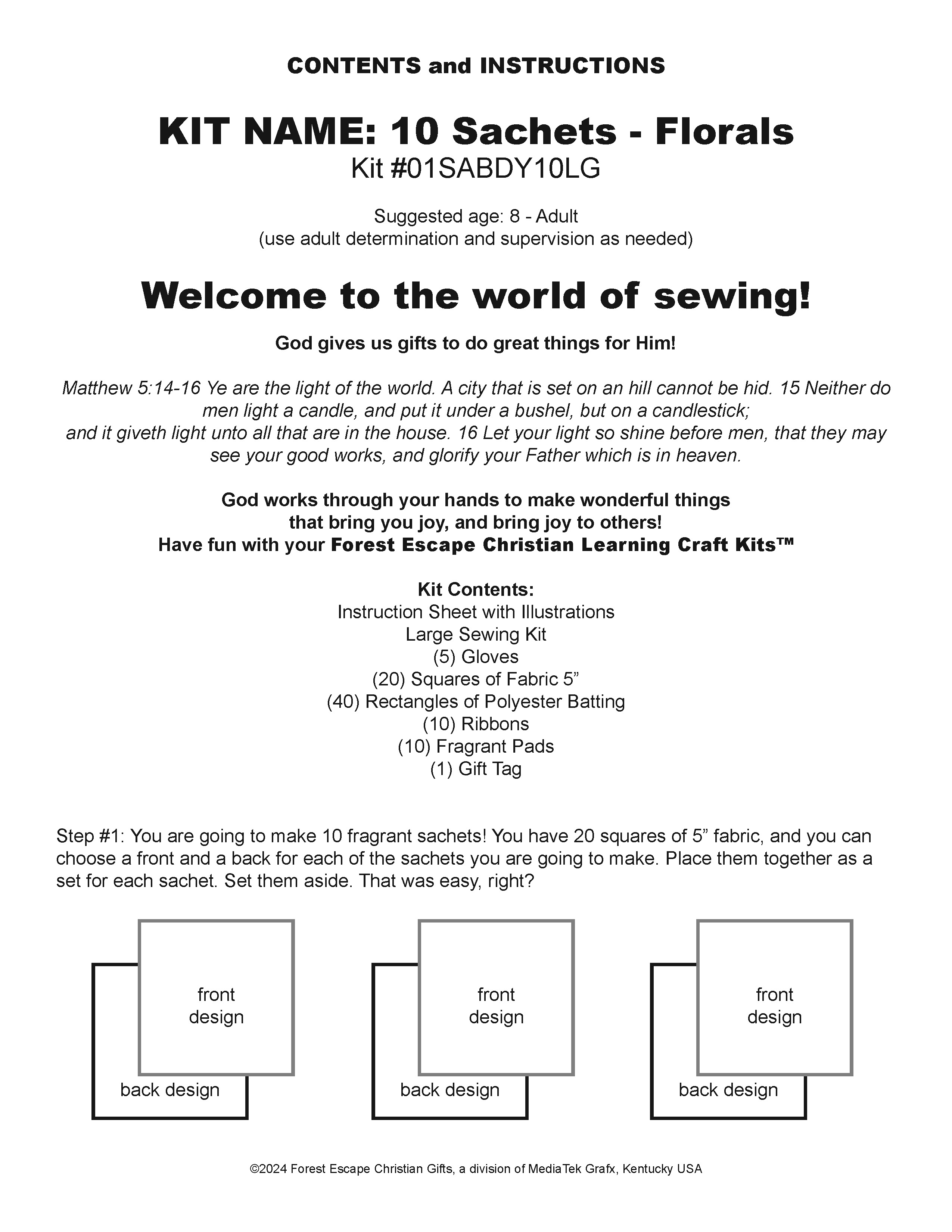 Learn to SEW! Great for a birthday party of friends! Make 10 fragrant sachets with ribbons! Christian Gift