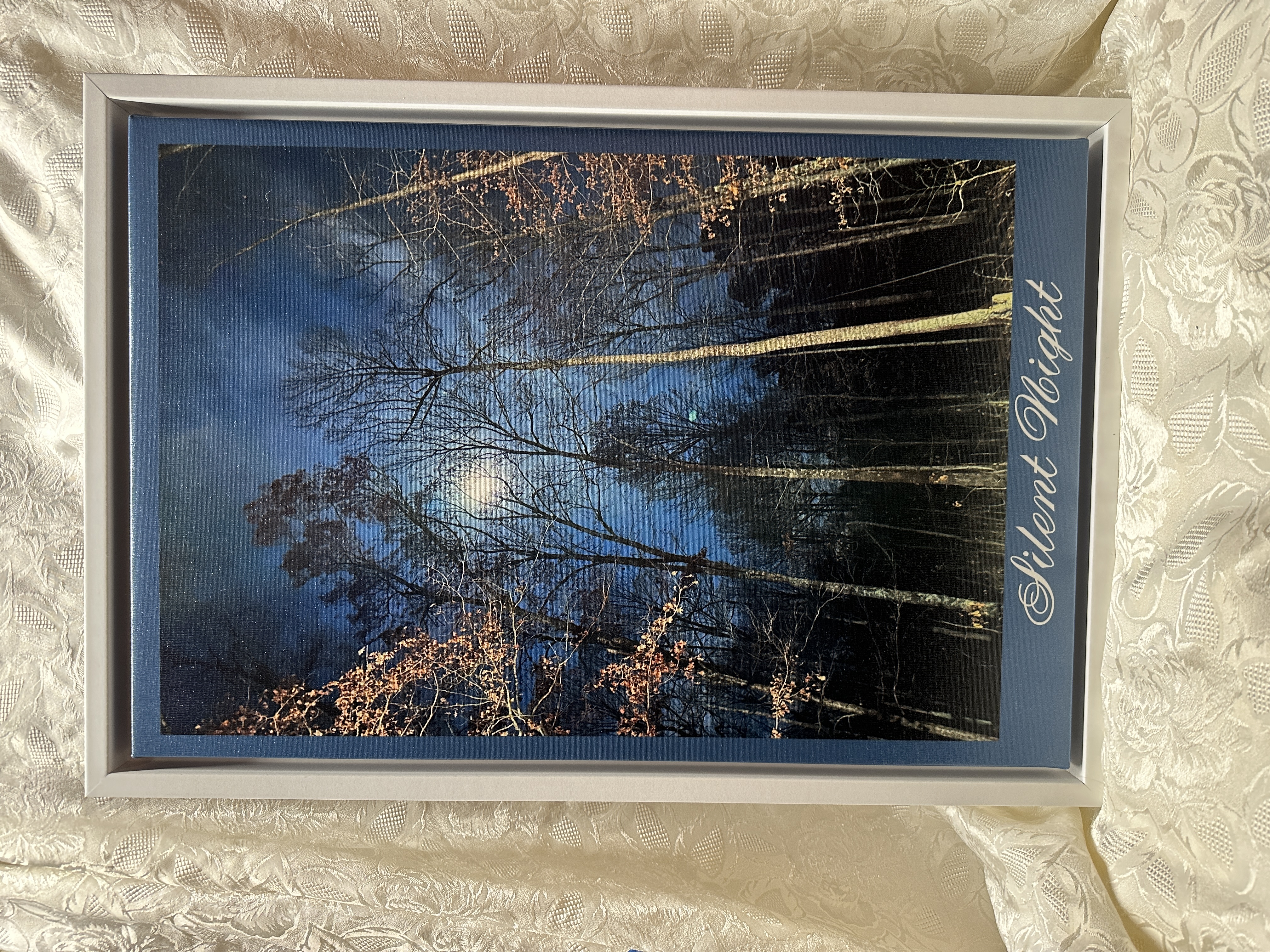 Pretty Christmas wall decor, SILENT NIGHT large stretched canvas, original photo, 16" wide x 24" tall, 3/4" deep white floating frame