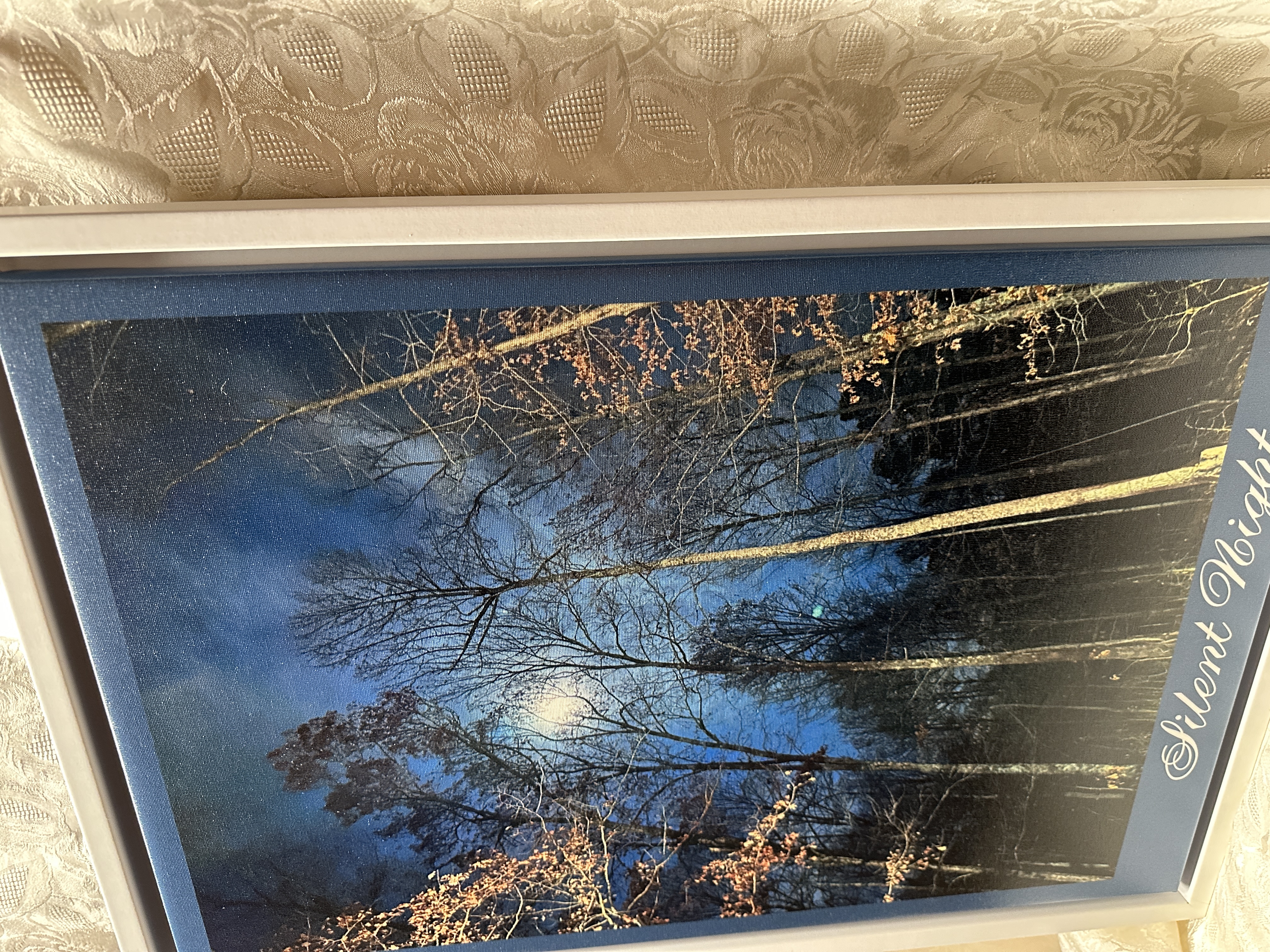 Pretty Christmas wall decor, SILENT NIGHT large stretched canvas, original photo, 16" wide x 24" tall, 3/4" deep white floating frame