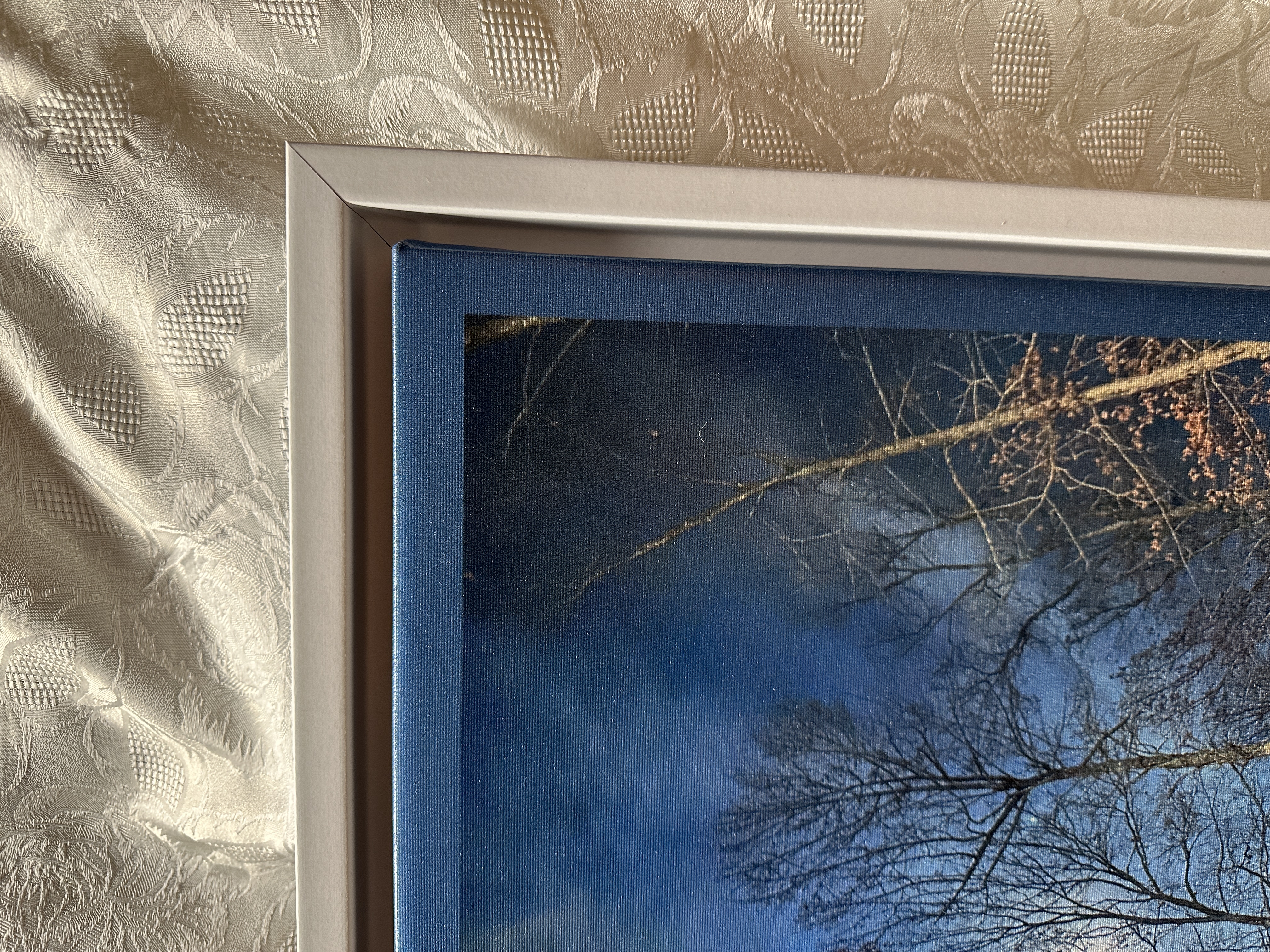 Pretty Christmas wall decor, SILENT NIGHT large stretched canvas, original photo, 16" wide x 24" tall, 3/4" deep white floating frame