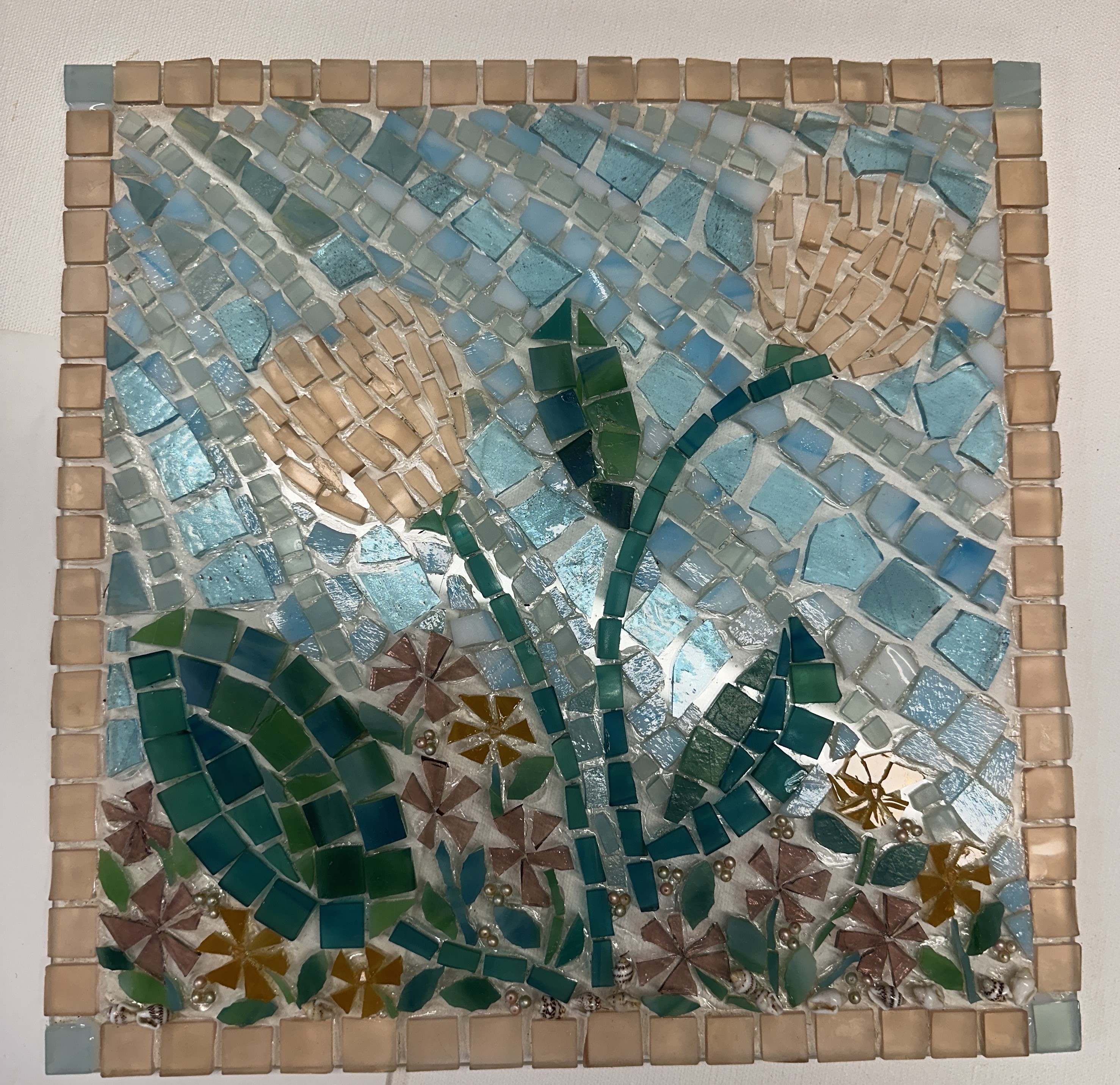 Spring Flowers is a pretty, pastel glass-on-glass Original Mosaic Wall Art, home decor, original art by artist, friend gift, artist original