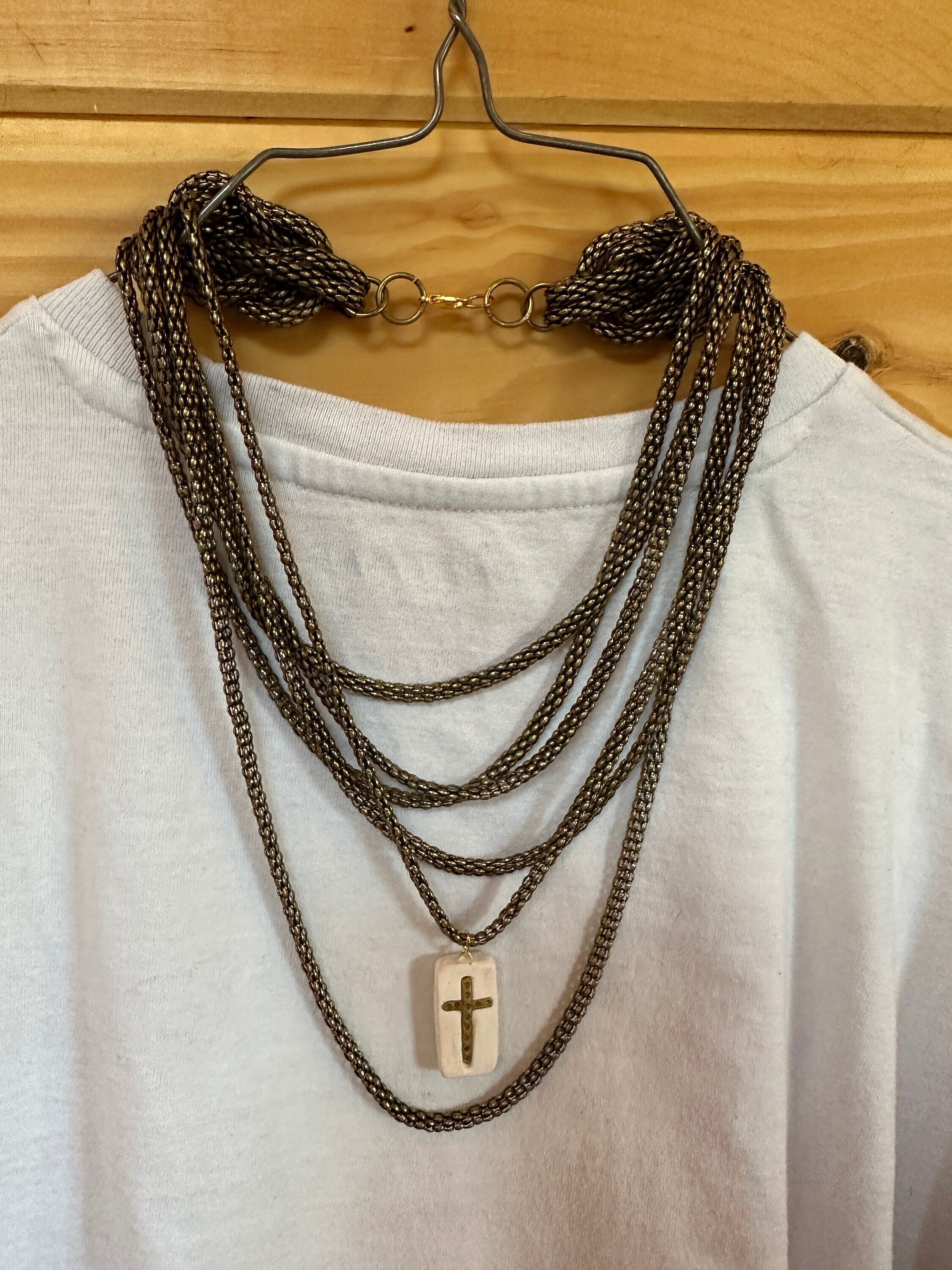 Unique Olive Cross Christian pendant necklace, 6 strand antique brass, 18” to 27”