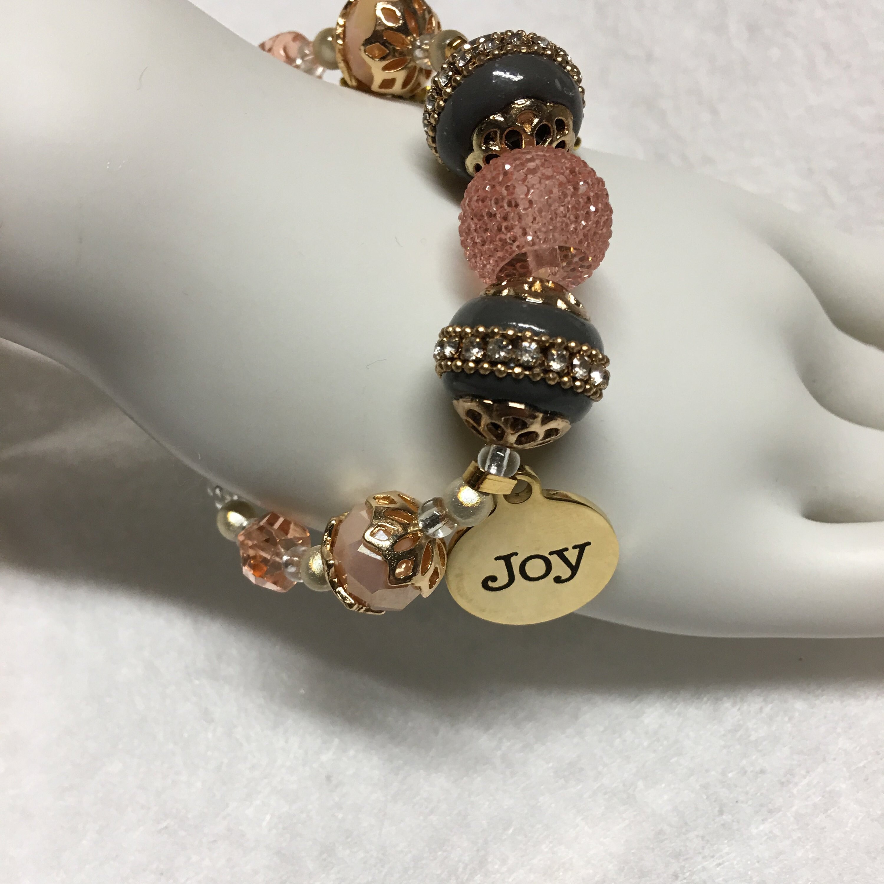 JOY! Peach Snow Sparkles Bracelet, beautiful beads and Christian message, wonderful and pretty Christian gift!