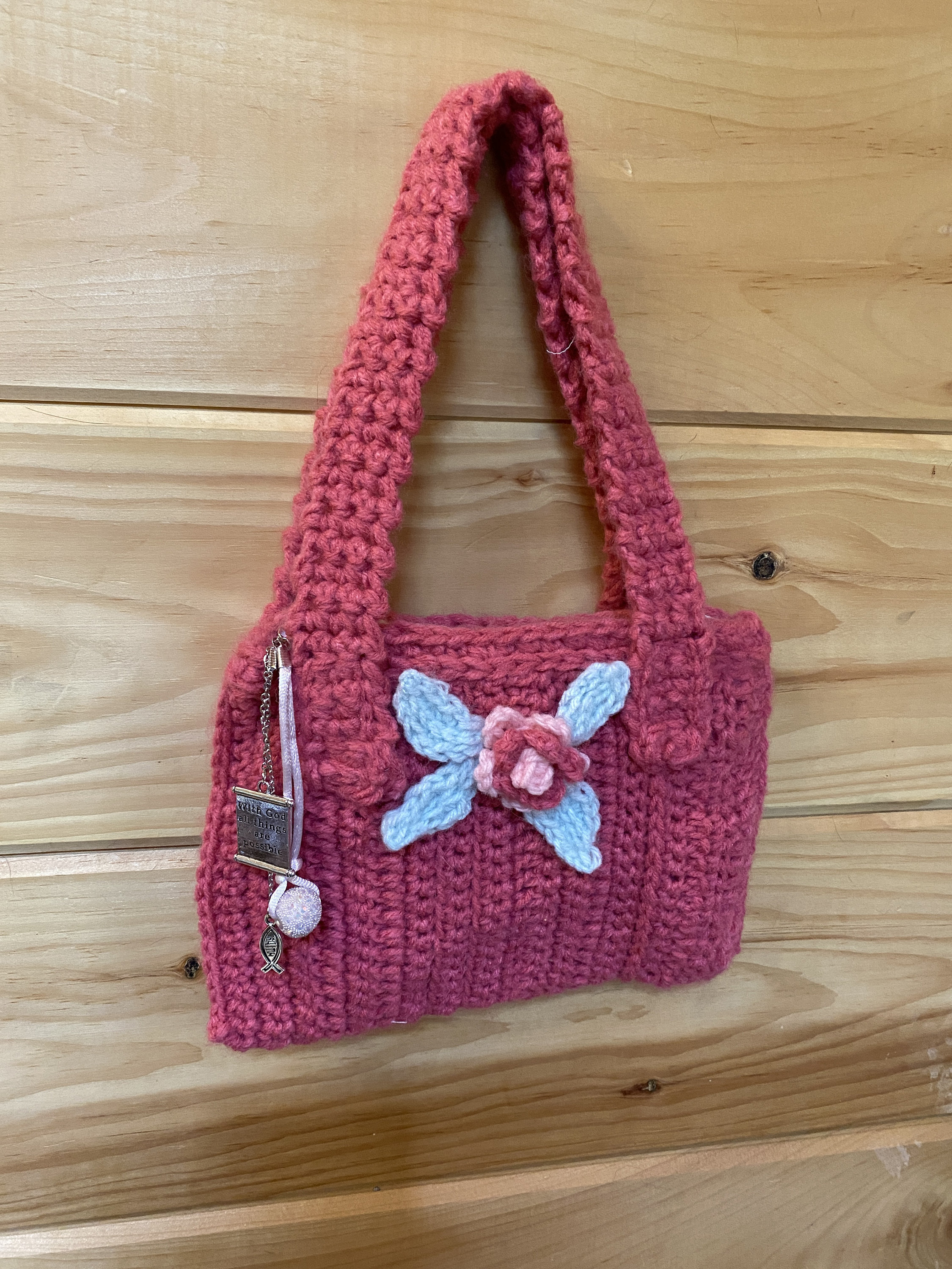 With God All Things Are Possible handmade crocheted purse, lined handbag, Christian charms
