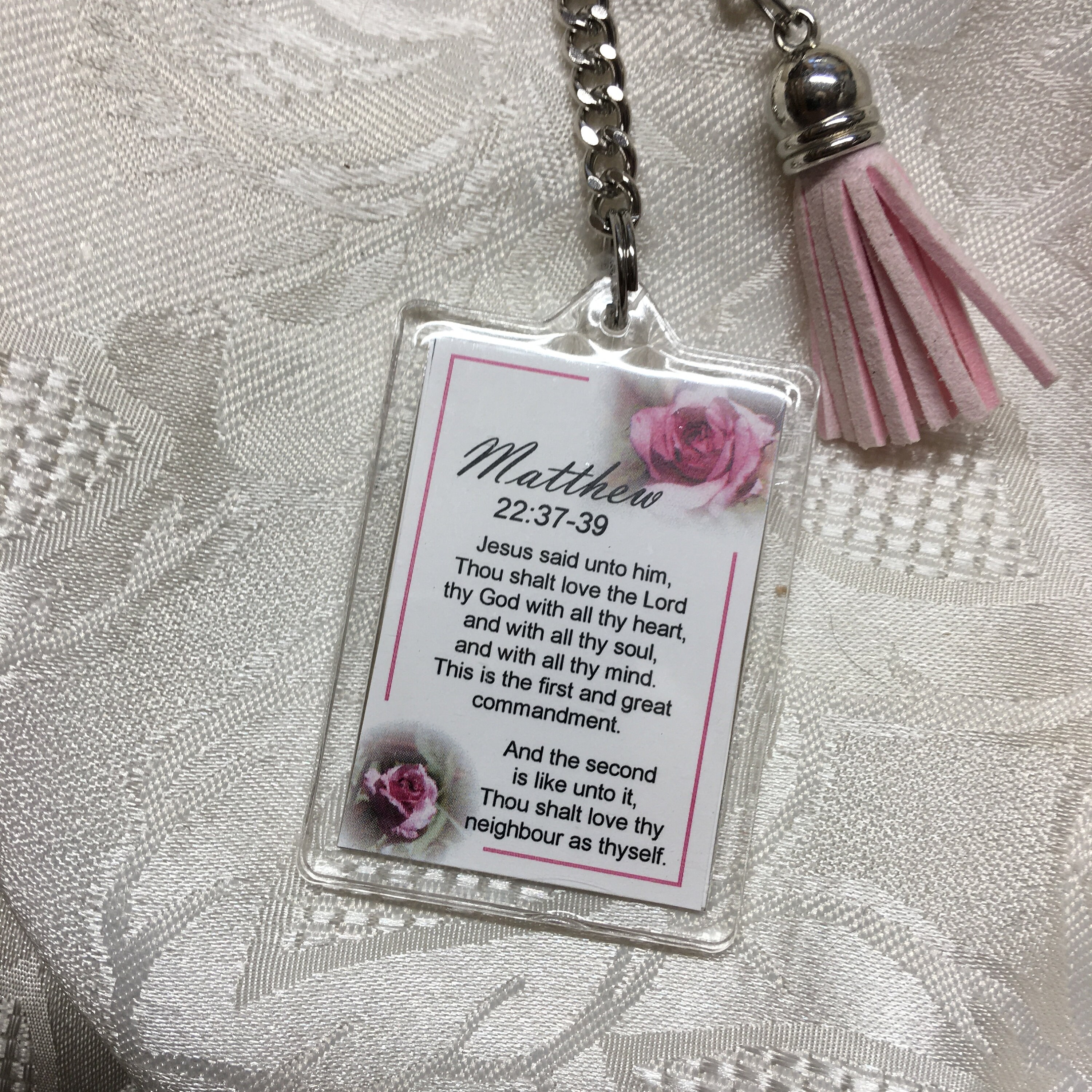 Christian Keychain Always Love with key ring, faith charm, pink tassel, chain, great gift for Christmas, for friend, Matthew 22 Scripture