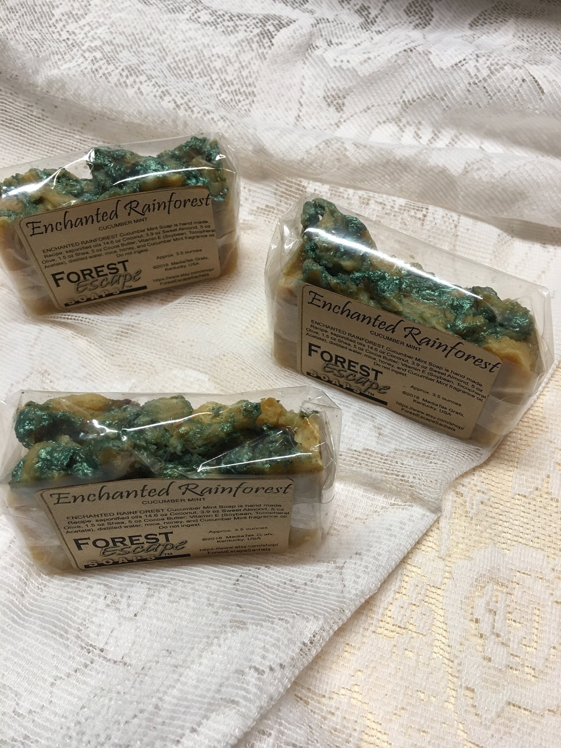 Almond, Cocoa Butter, Honey, ENCHANTED RAINFOREST Cucumber Mint Soap, hand made small batches, fresh and clean fragrance, with nice lather!