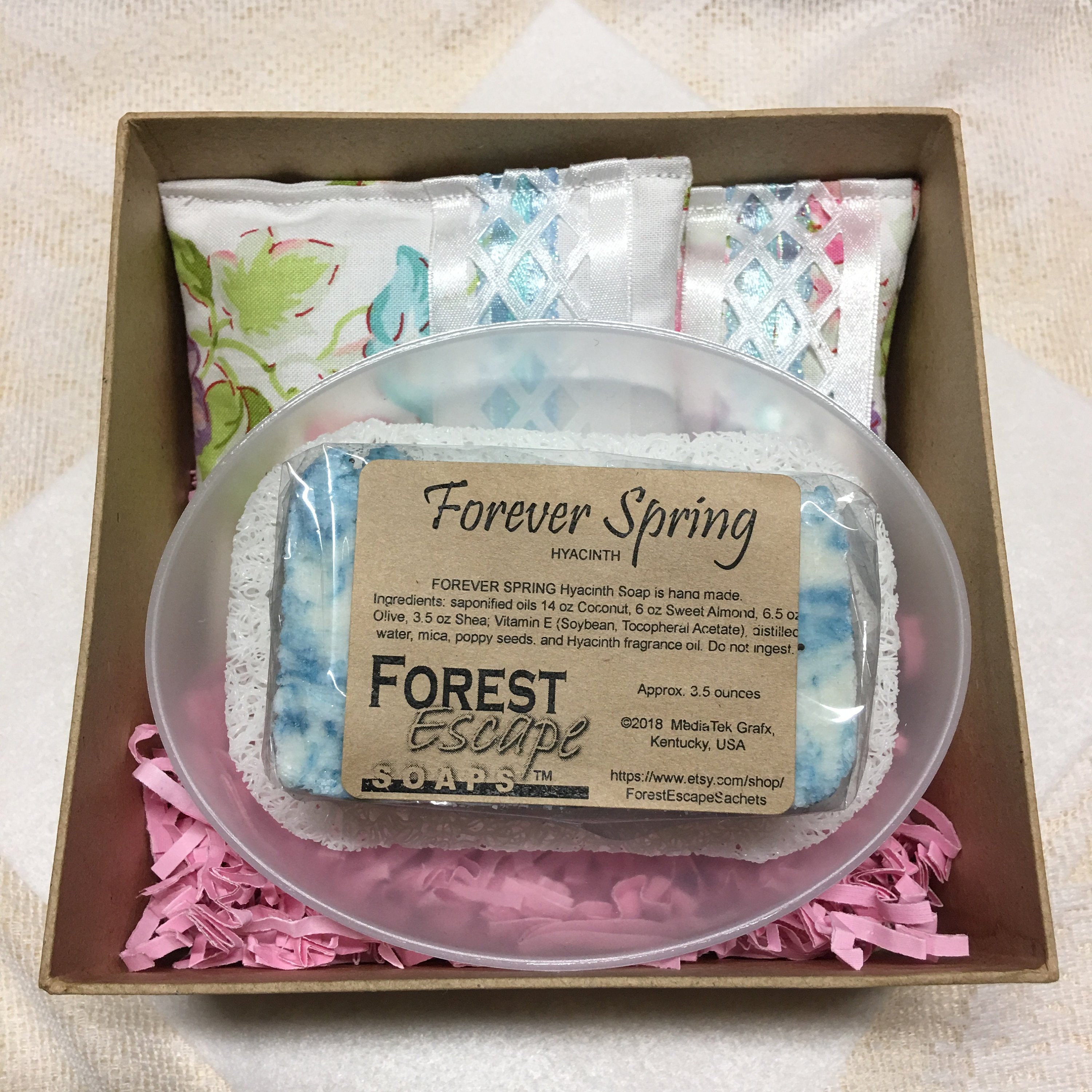Great gift, FOREVER SPRING gift box, Forever Spring Hyacinth soap hand made in small batches, luxurious and soft, 2 drawer sachets