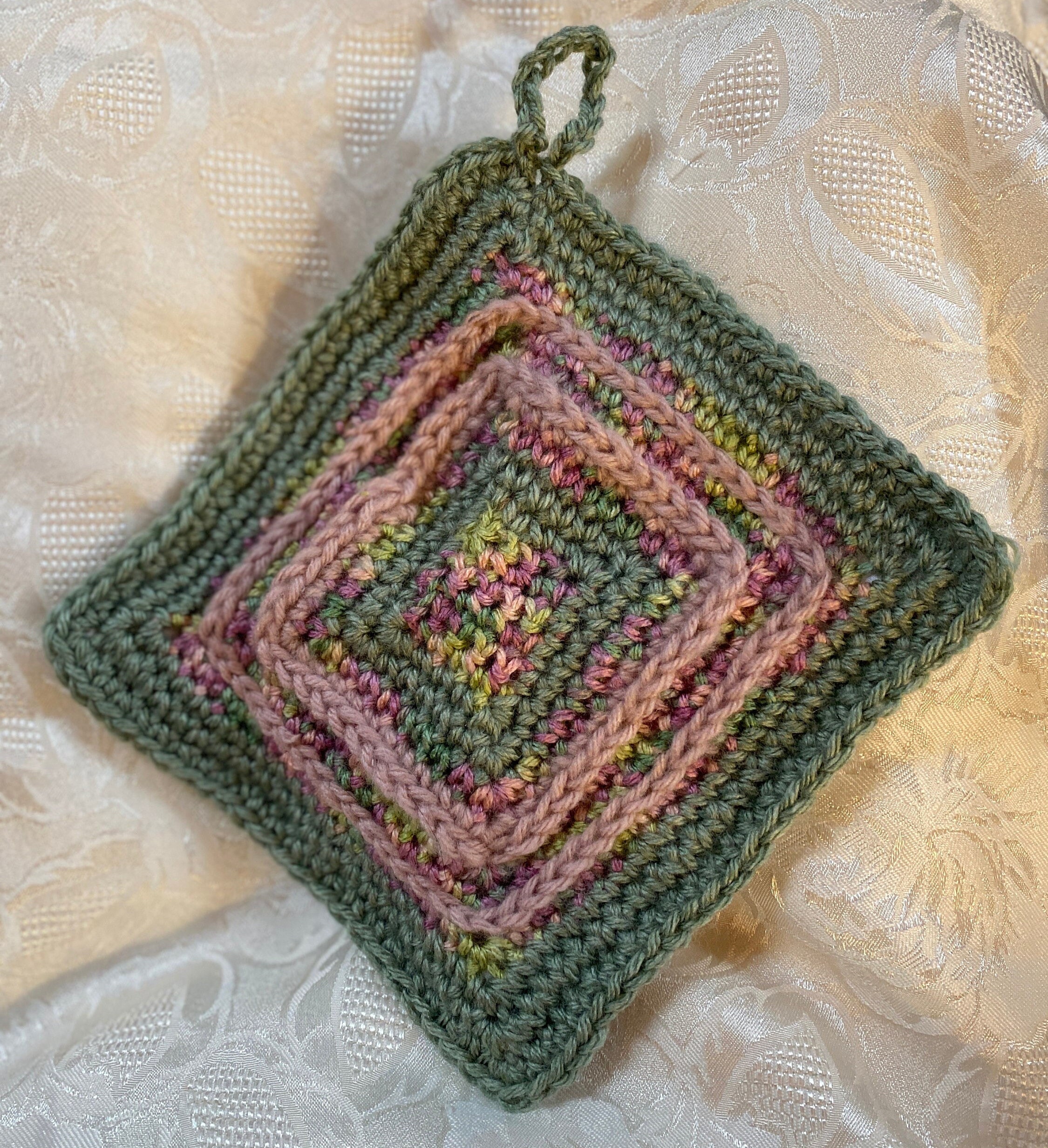 2 kitchen potholders, artist original design fabric, Jesus Loves You, Hope, beautiful and thick crochet potholders with quilt batting inside