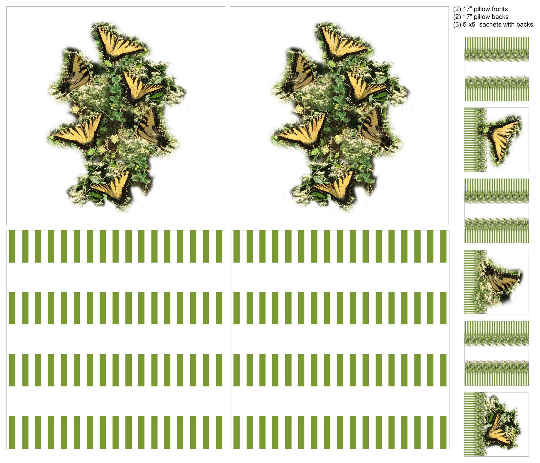 Sabrina Butterfly Fabric No. 3 42" wide by 36" - one yard - butterflies, green/white stripes, flowers - sachets, pillow fronts backs