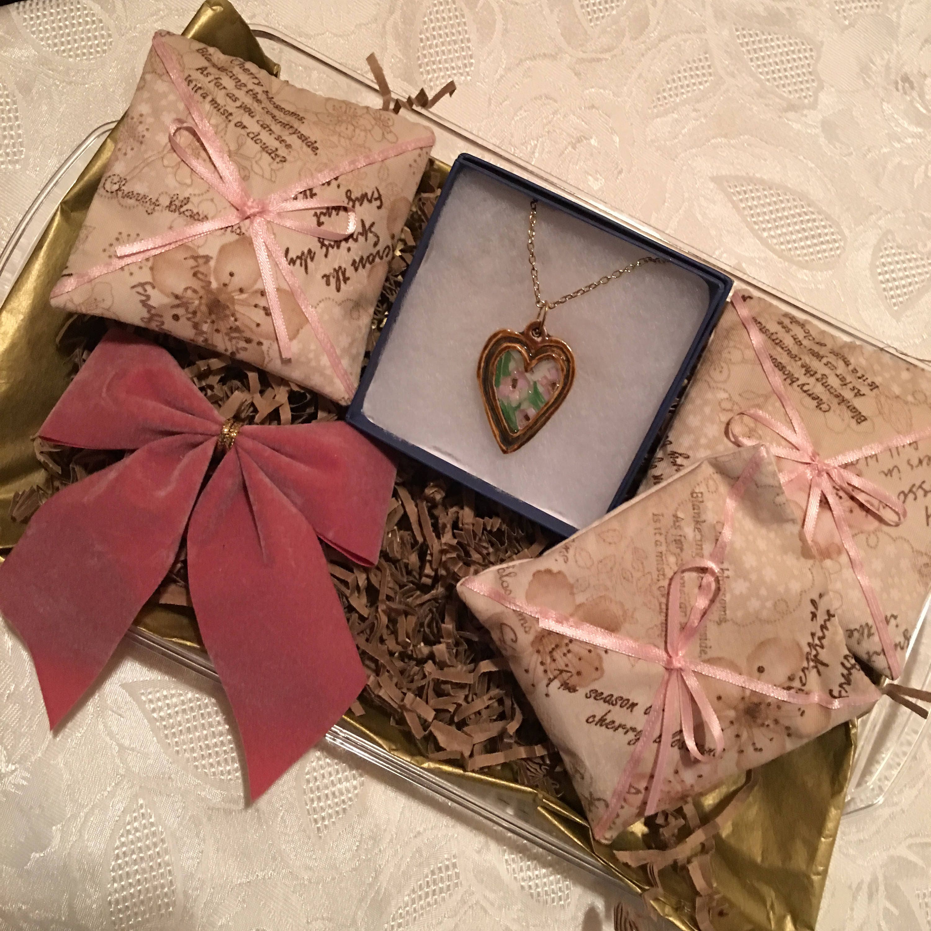 Cherry Blossom Sachets and Necklace GIFT SET, 3 drawer sachets, porcelain and mosaic necklace, gift for mom, birthday gift, gift for wife