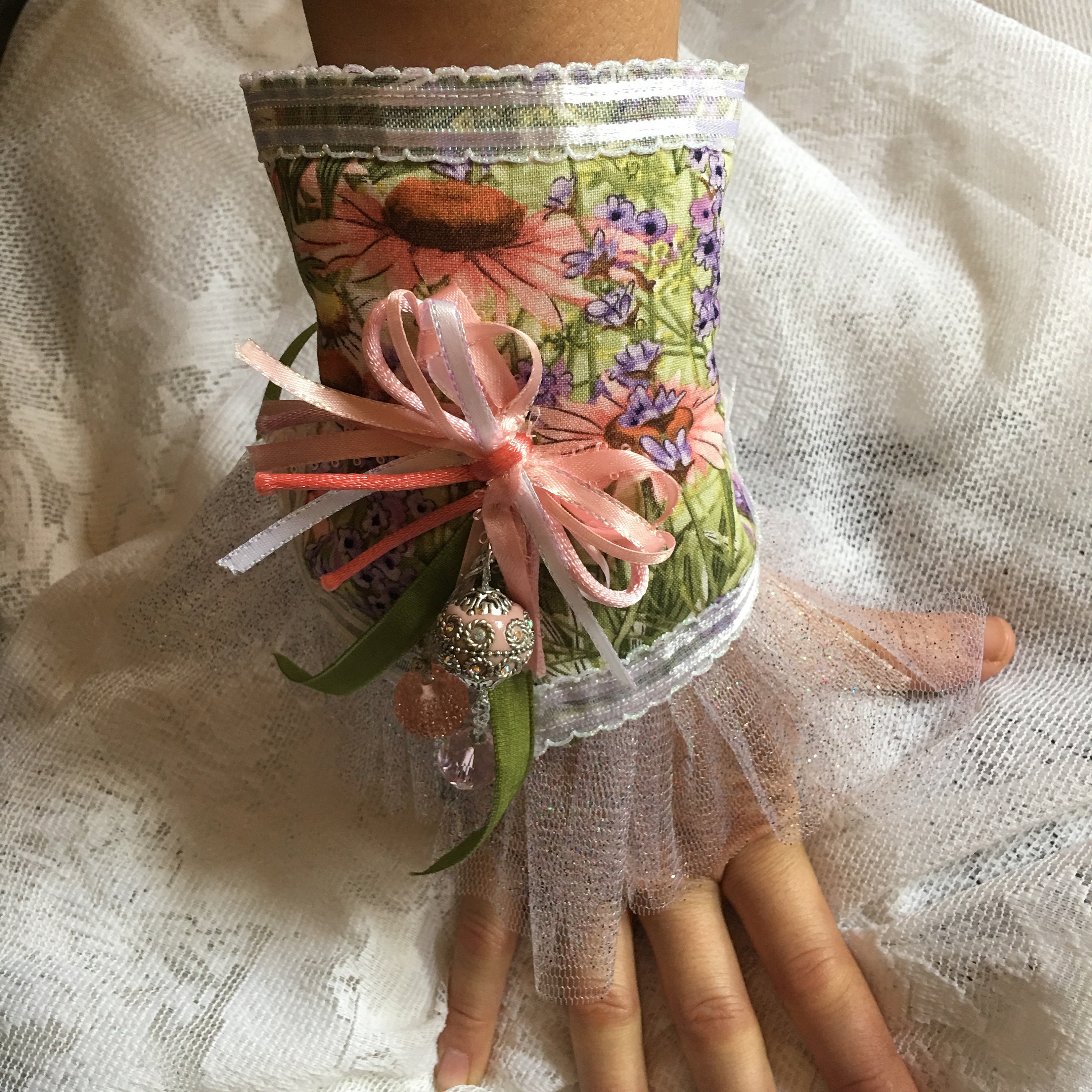 Wrist Purse with Black Amethyst sachet scent and beads instead of a traditional corsage! Faith hope love charm! A forever keepsake!