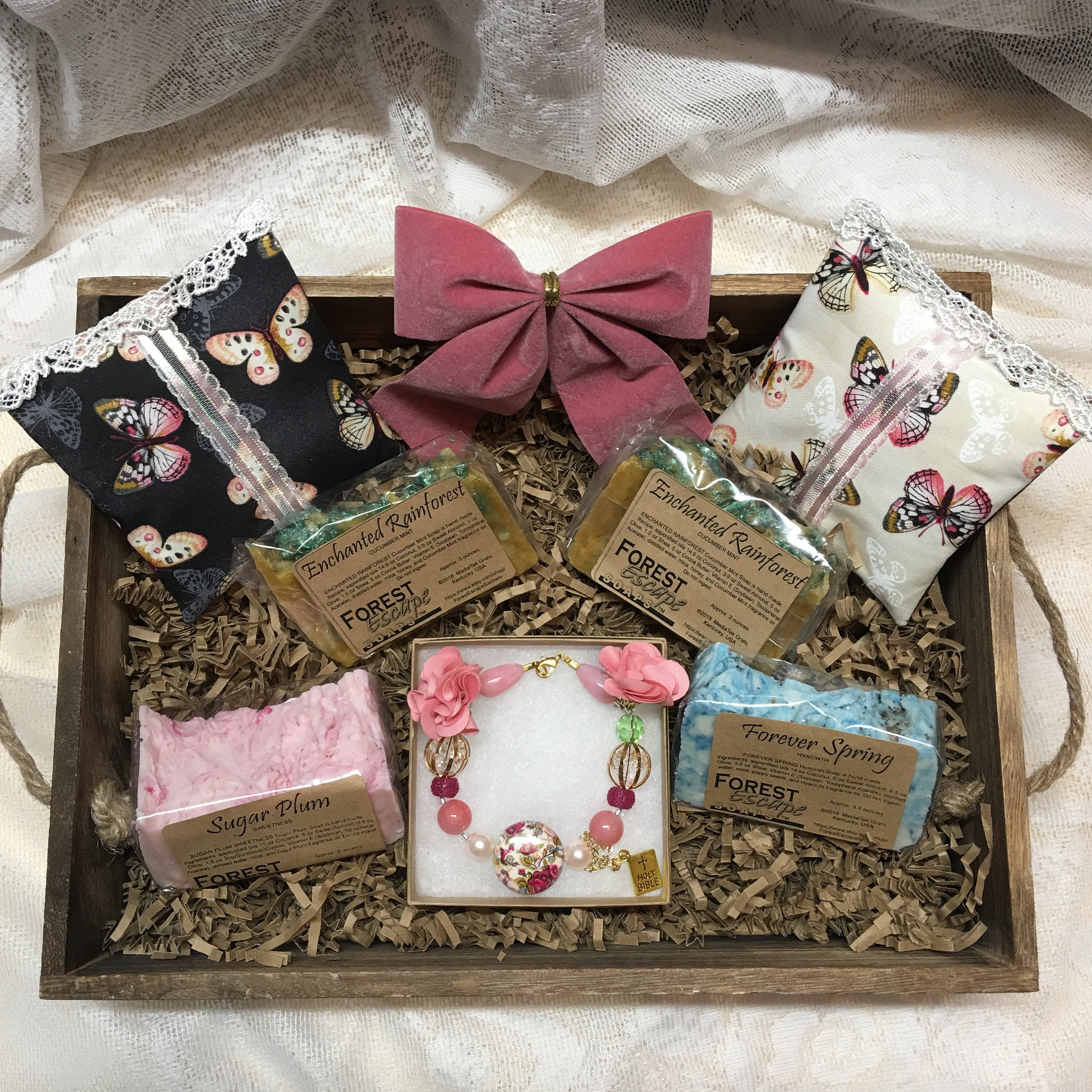 Introducing the new Forest Collection #1 Christian gift set with sachets, soaps, wooden tray and bracelet! FREE SHIPPING!