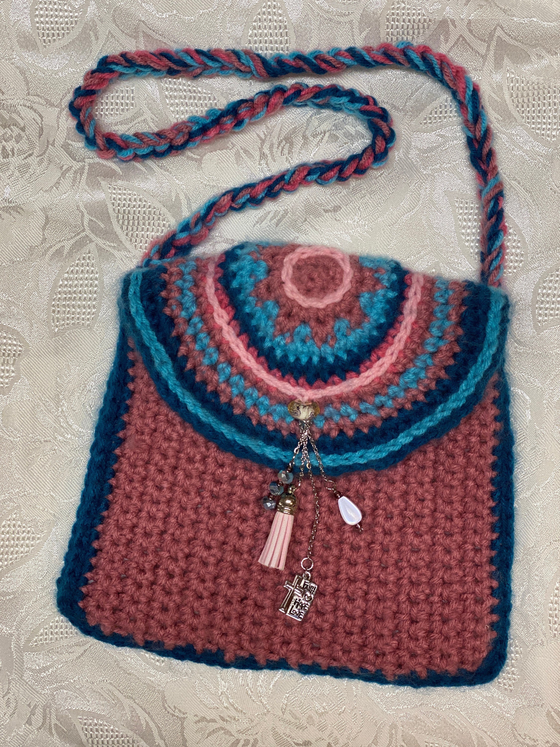 handmade crocheted purse, lined crochet handbag, Christian Faith Hope Love charm