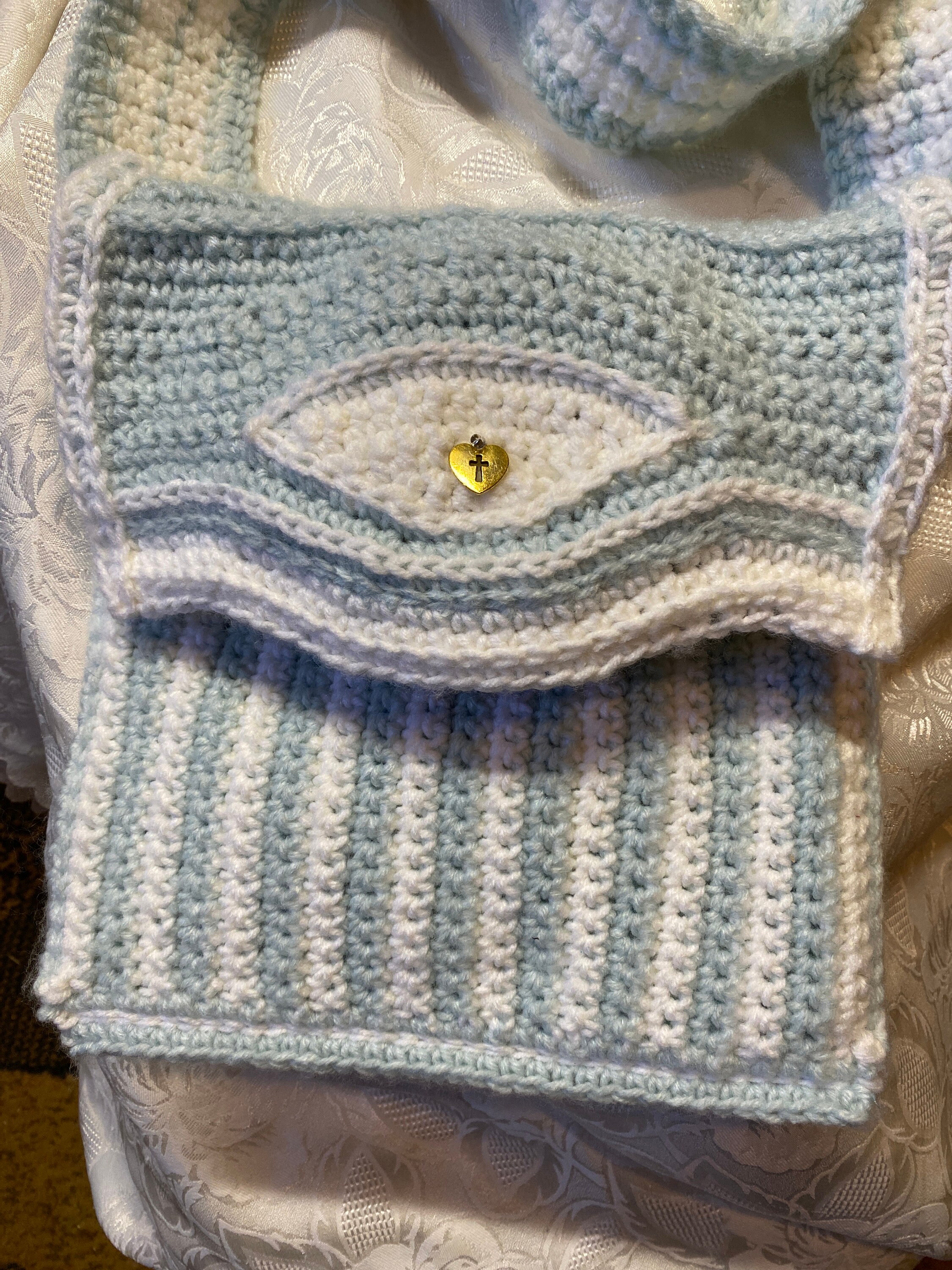handmade icy teal and white crocheted purse, lined crochet handbag with Christian heart with cross charm