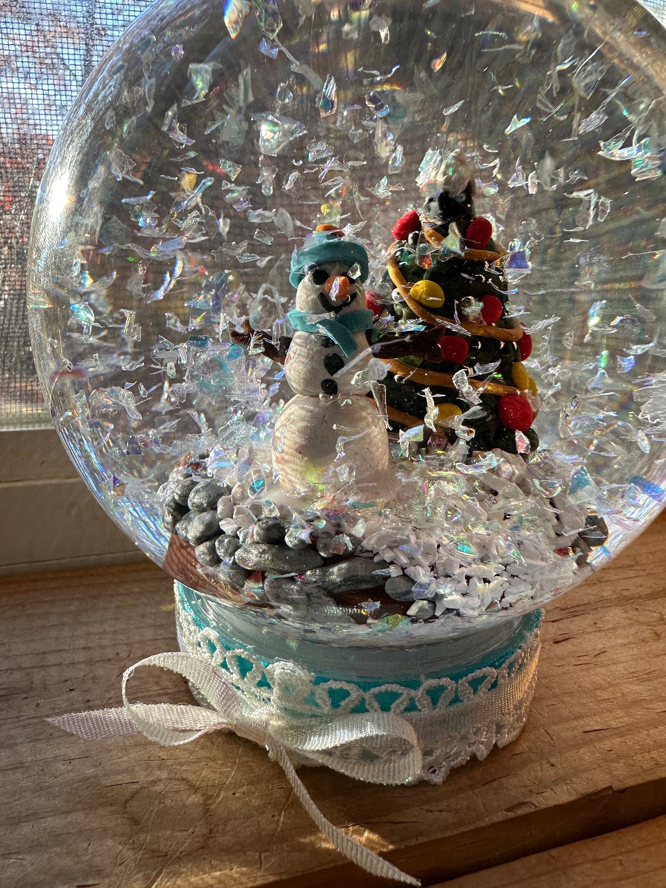 Snow Globe with snowman and Christmas tree, artist original Christmas decor, unique, OOAK, free Christian gift card, Christmas decoration