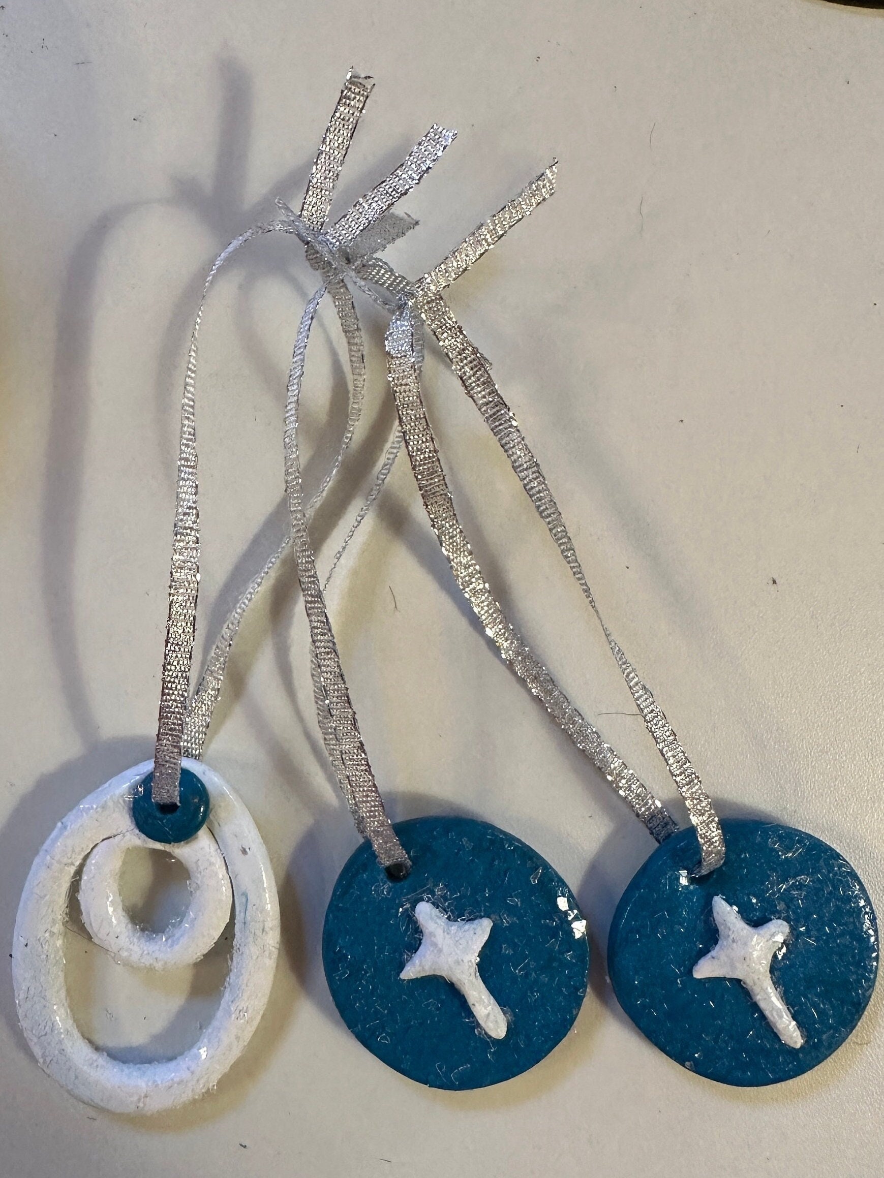 White star cross on blue Christmas Tree Ornaments, white coil with blue, silver color ribbon, glitter, 3 in the set, Christmas decoration