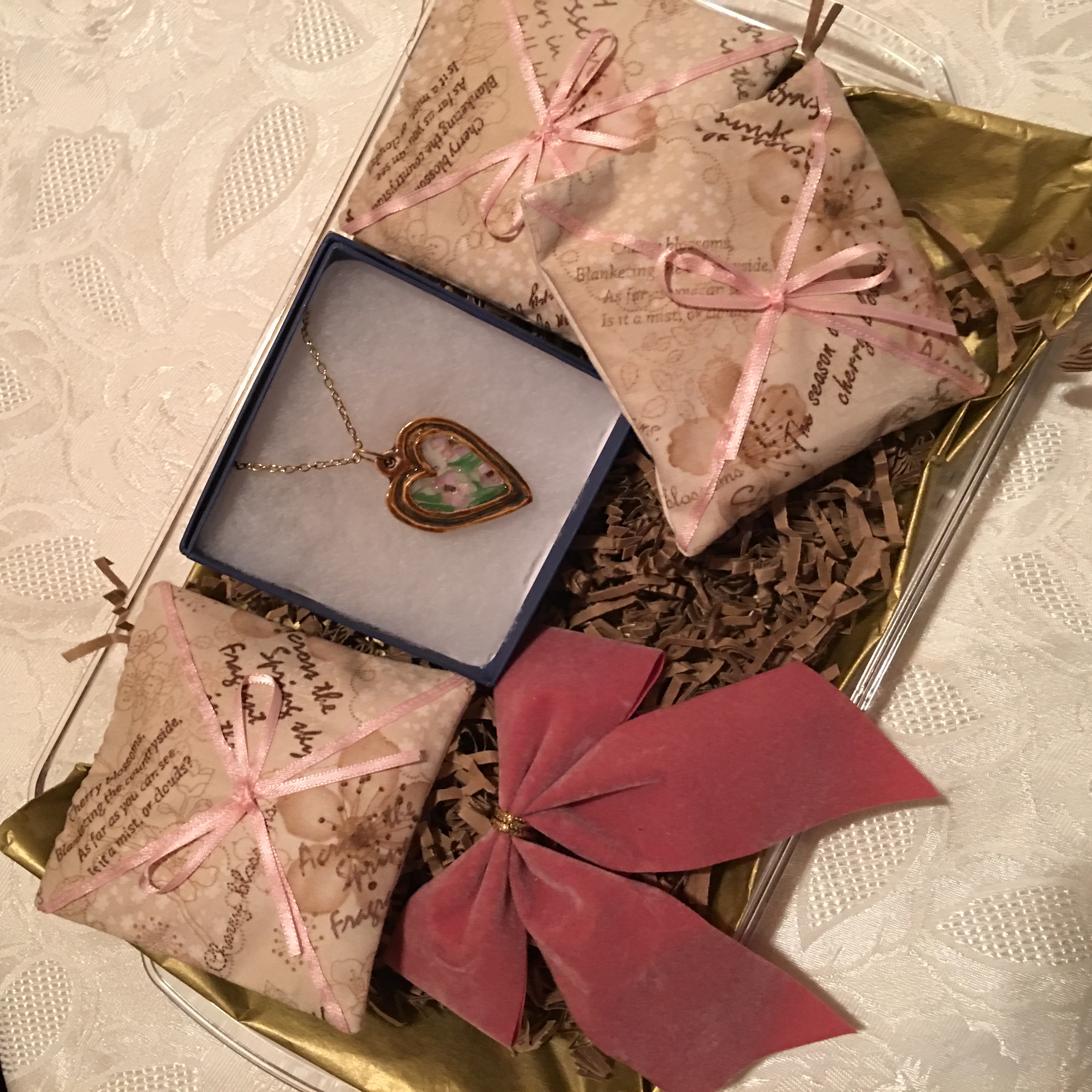 Cherry Blossom Sachets and Necklace GIFT SET, 3 drawer sachets, porcelain and mosaic necklace, gift for mom, birthday gift, gift for wife