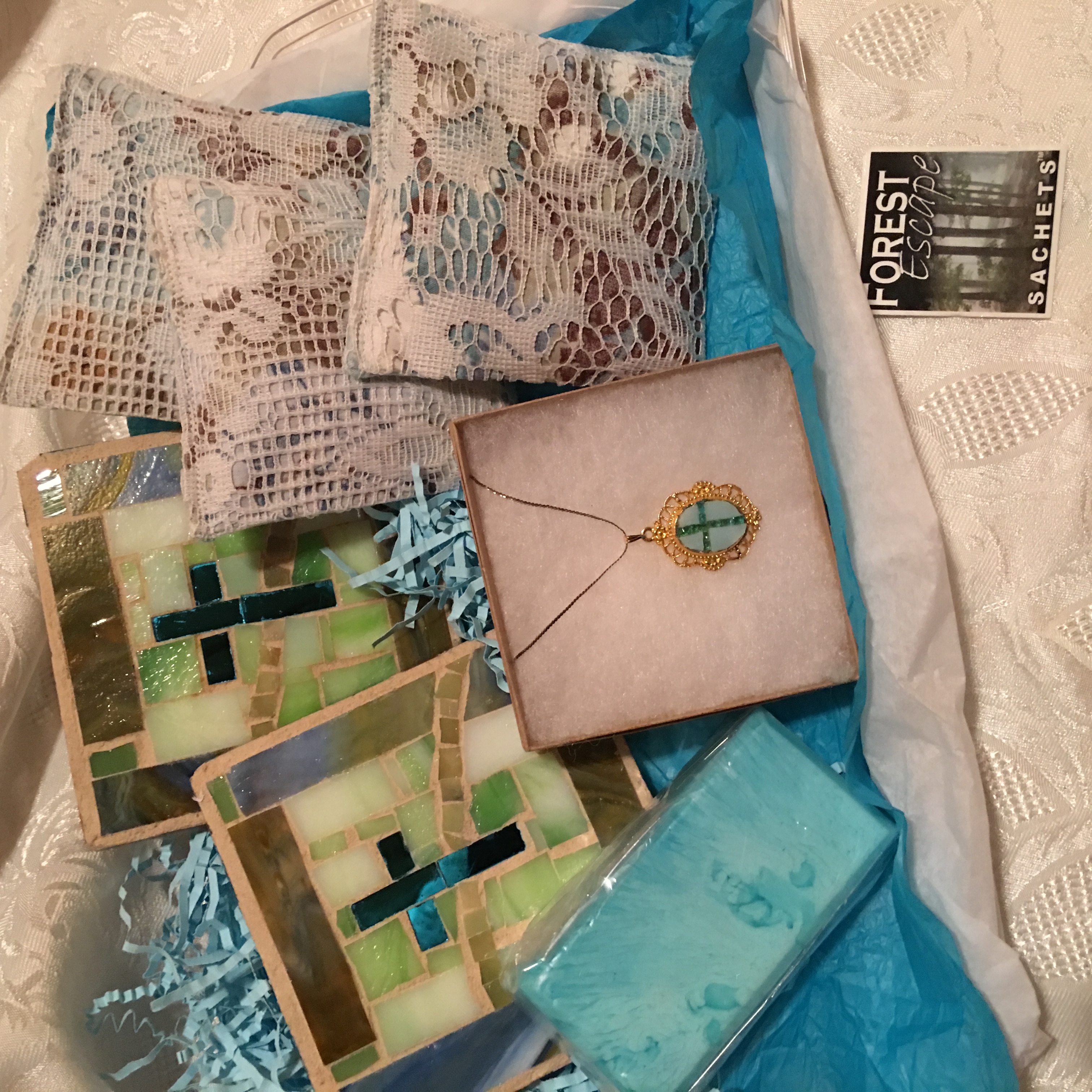 Lily of the Valley FLUFFY CLOUDS Sachets, Soap, Coasters and Necklace Gift Set! great gift for a friend! drawer sachets, drink coasters