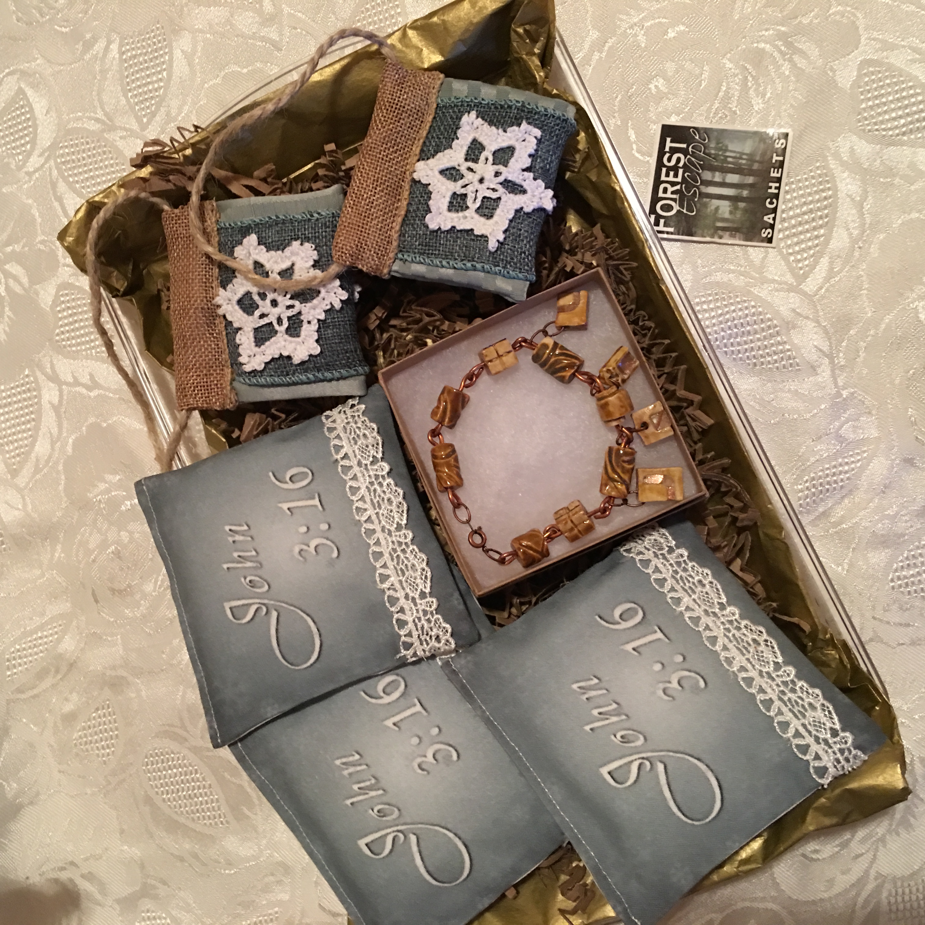 GIFT SET! God's Grace 3 sachets, 2 hanging sachets and 1 porcelain bracelet; Great gift!