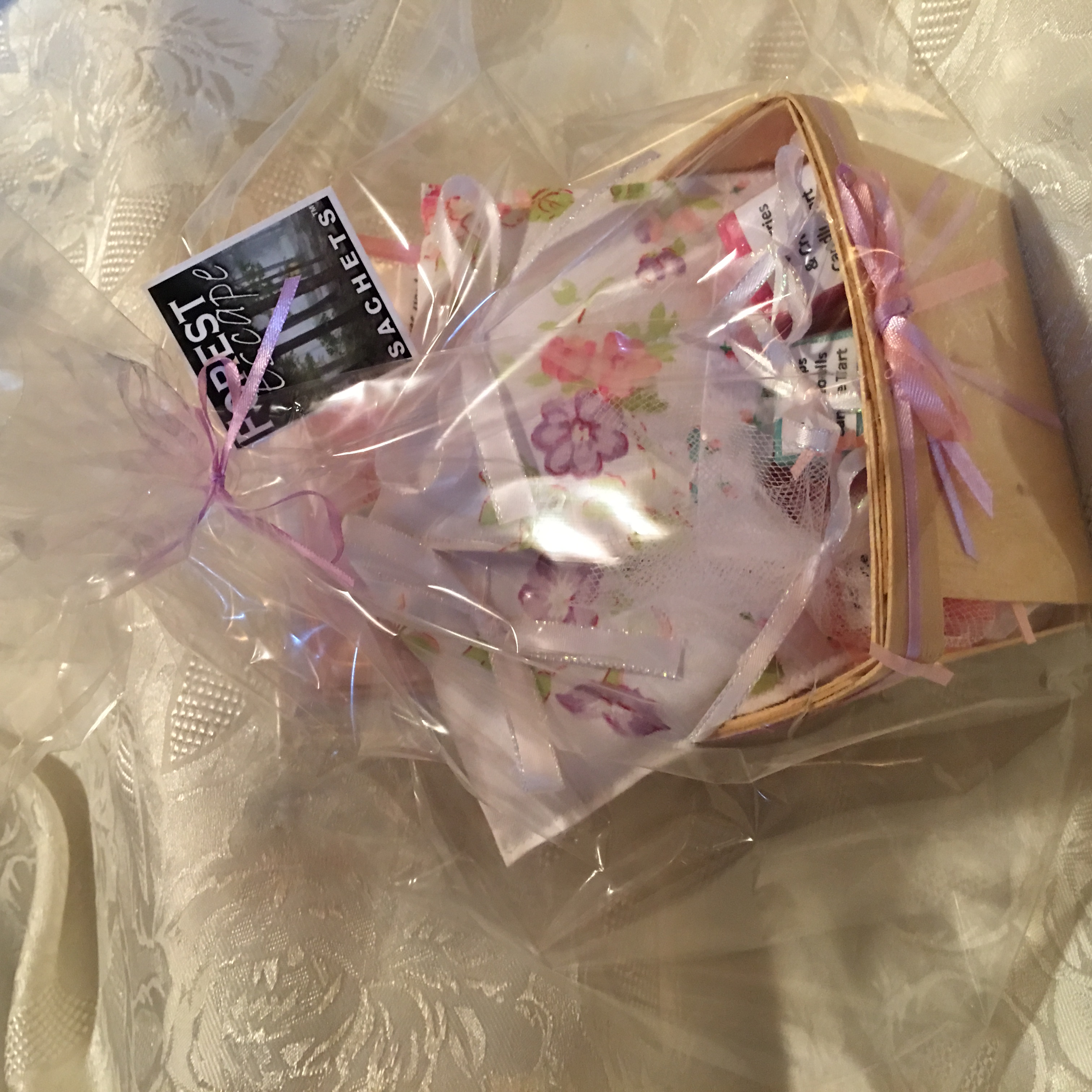 Gift Basket! Succulent Strawberry fragrance 2 FLORAL SACHETS, 2 candle tarts, 1 soap sample, 10 note cards, 1 bookmark, gift for a friend!