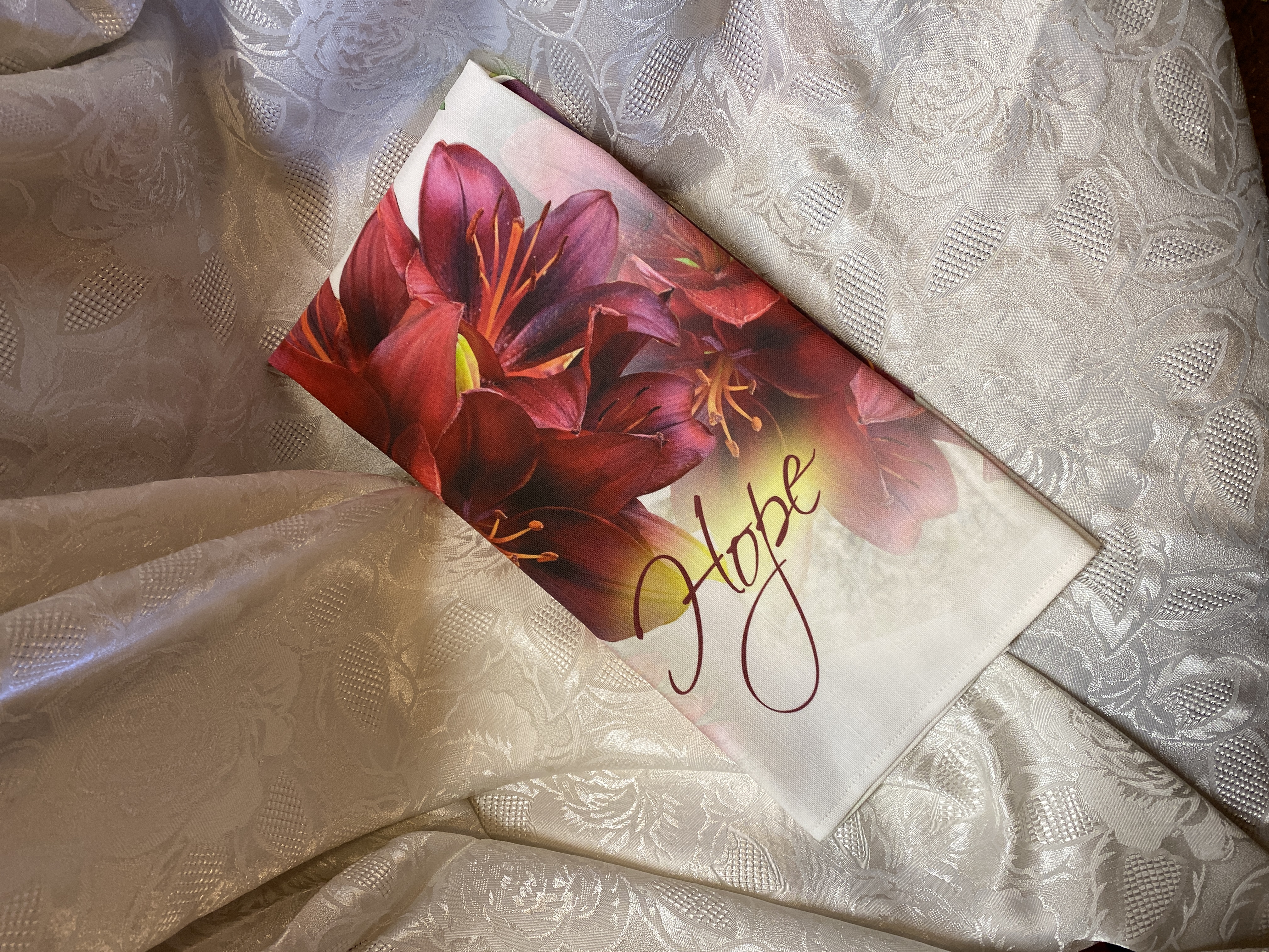 Christian HOPE Dish Towel, artist original design fabric, linen, nice big size, beautiful lilies, kitchen towel