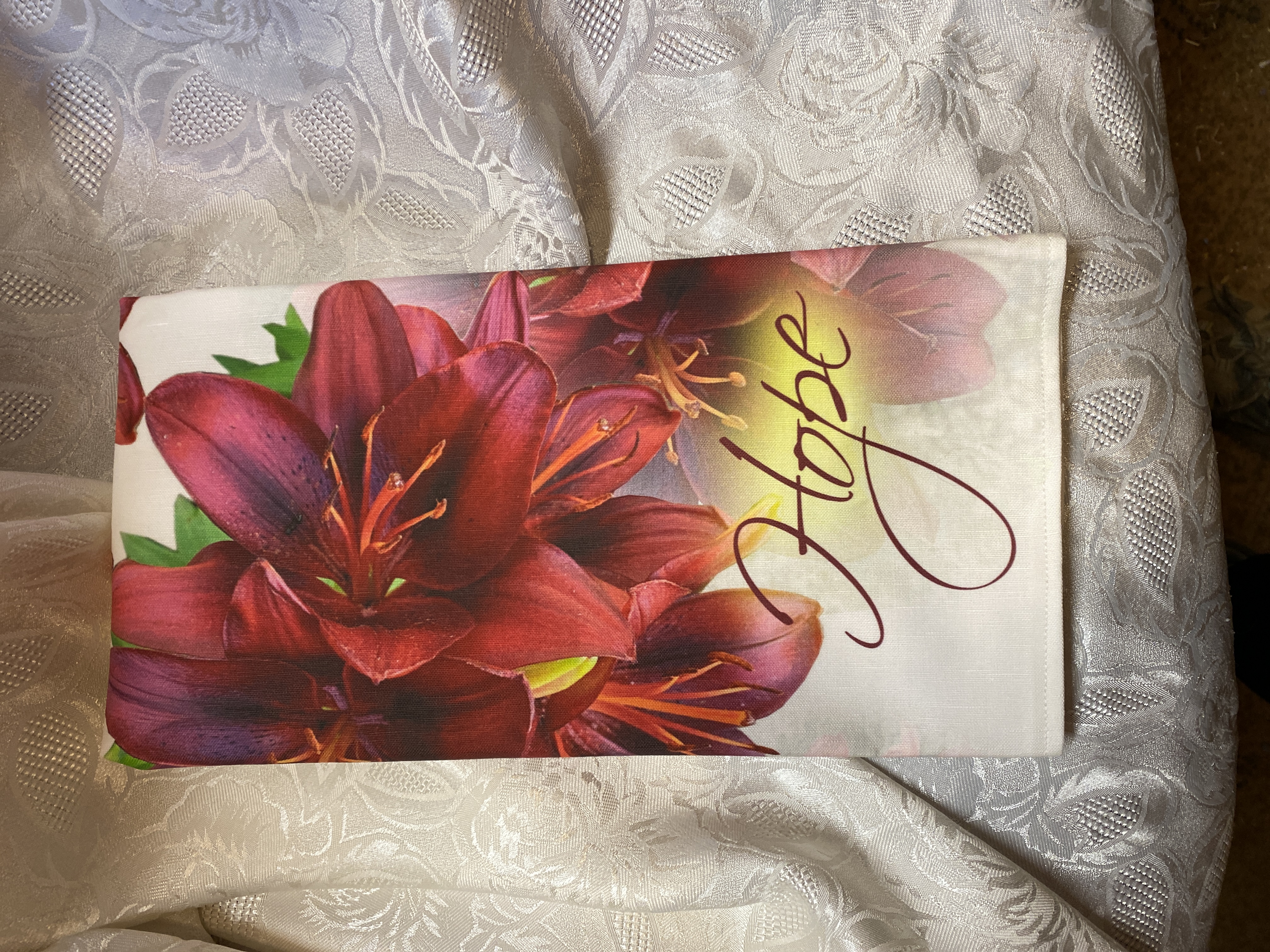 Christian HOPE Dish Towel, artist original design fabric, linen, nice big size, beautiful lilies, kitchen towel
