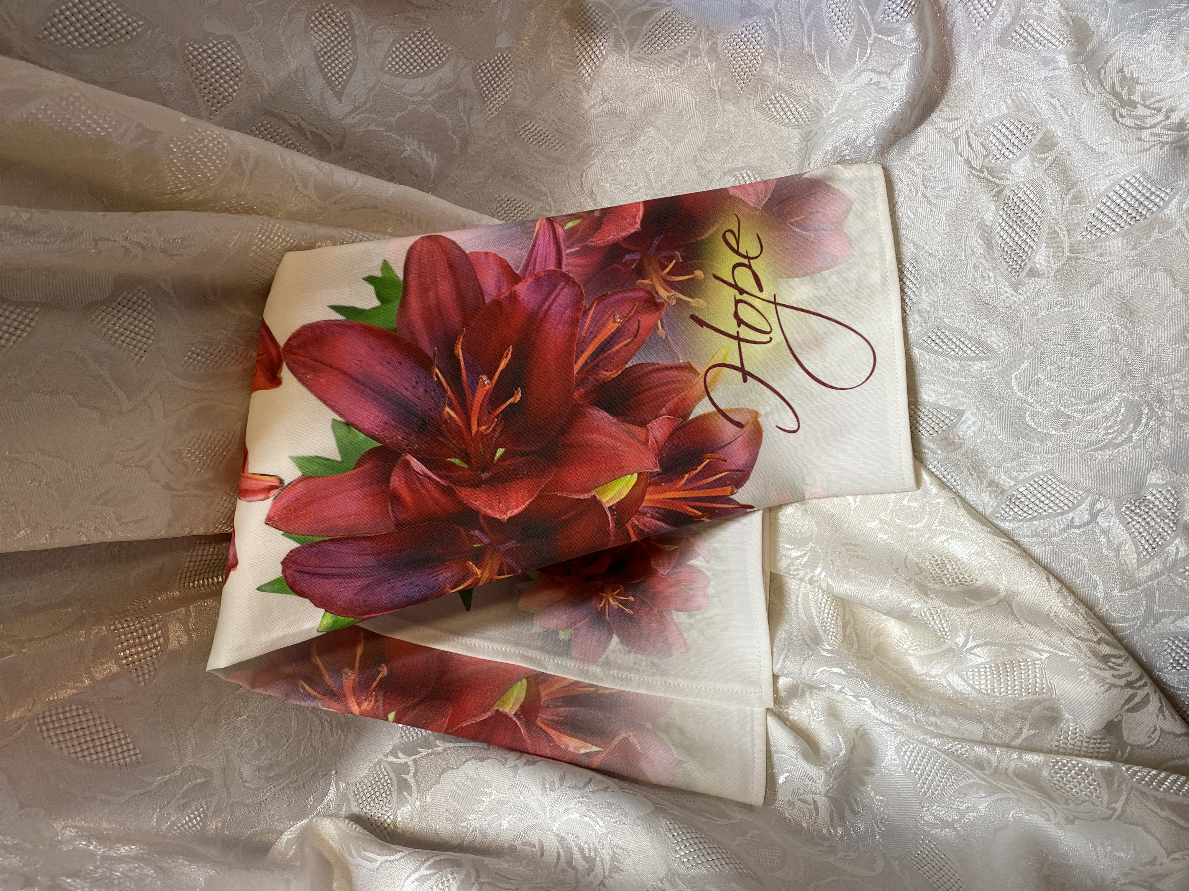 Christian HOPE Dish Towel, artist original design fabric, linen, nice big size, beautiful lilies, kitchen towel